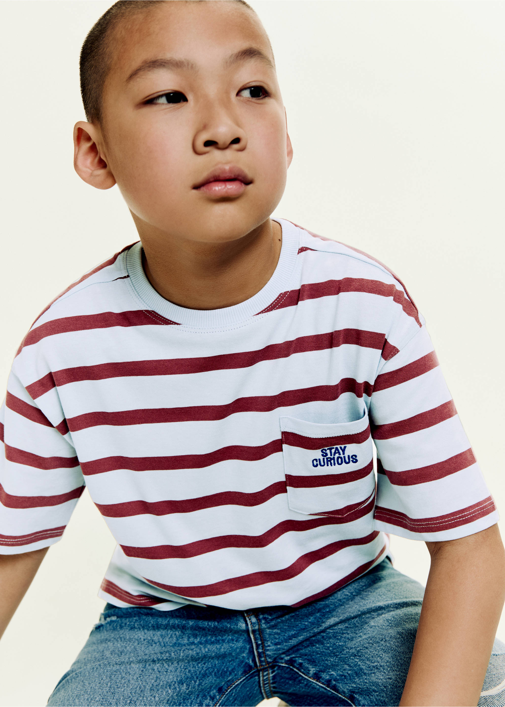Striped t-shirt with embroidered detail - Details of the article 1, Sky Blue. Ref: 17032541-00.