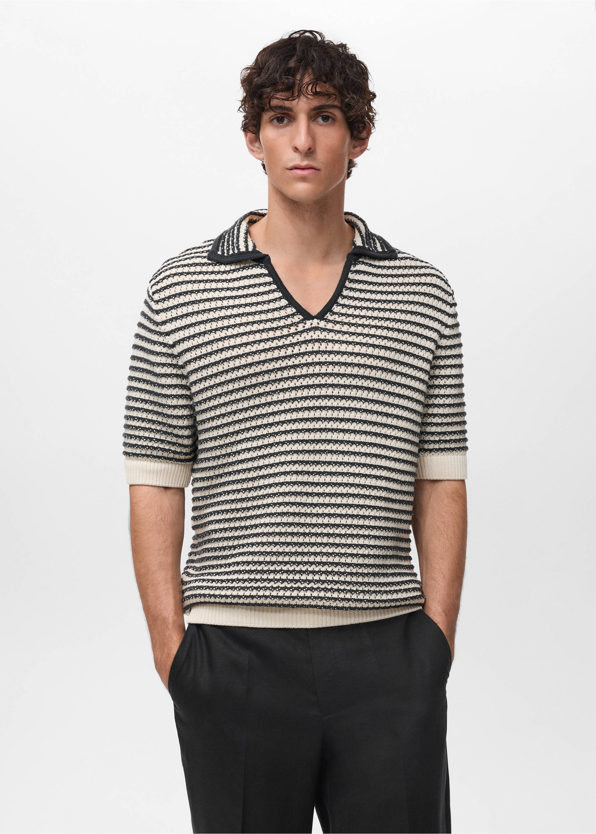 100% cotton polo shirt with striped structure - Medium plane, Black. Ref: 17032905-00.