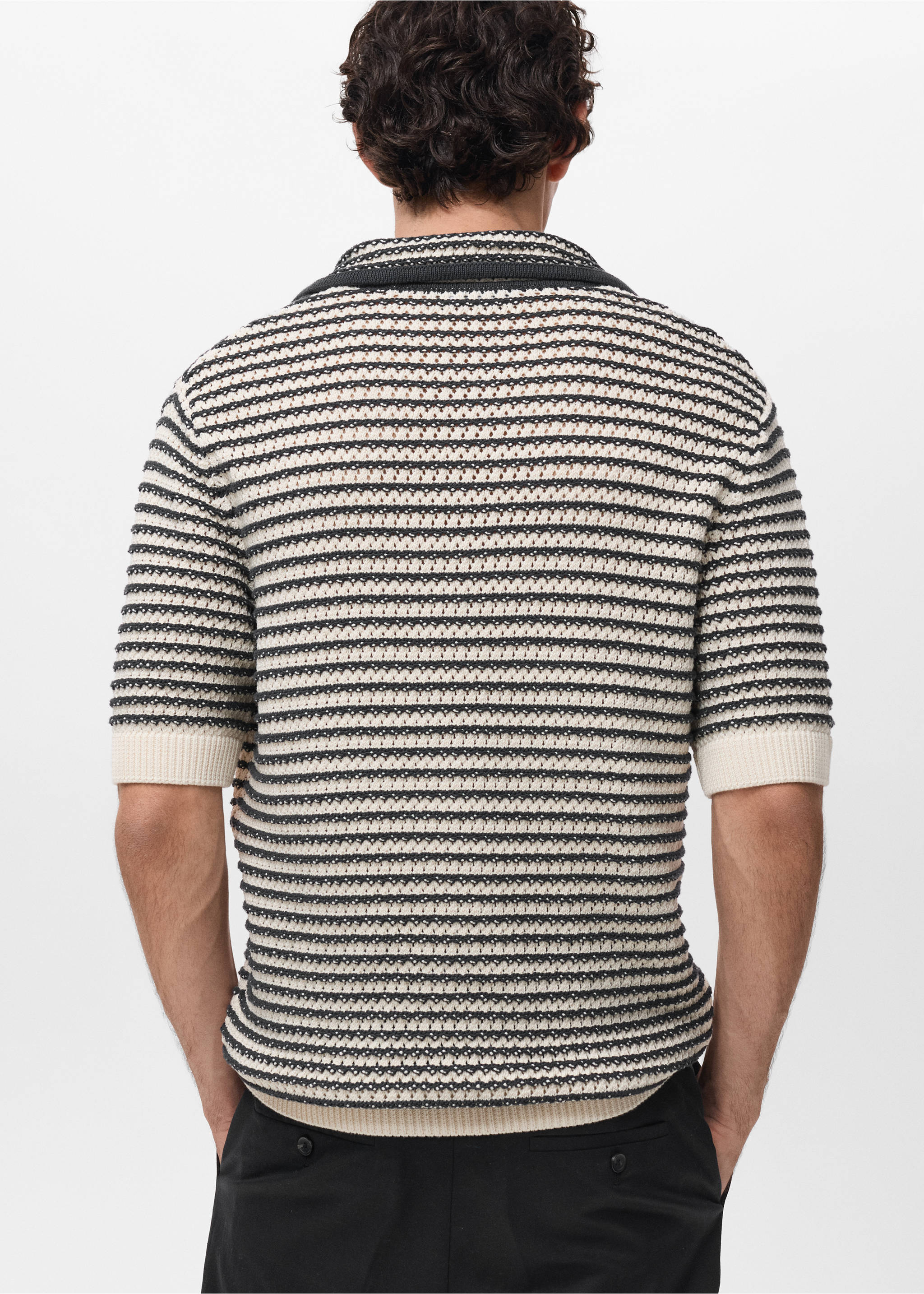 100% cotton polo shirt with striped structure - Reverse of the article, Black. Ref: 17032905-00.