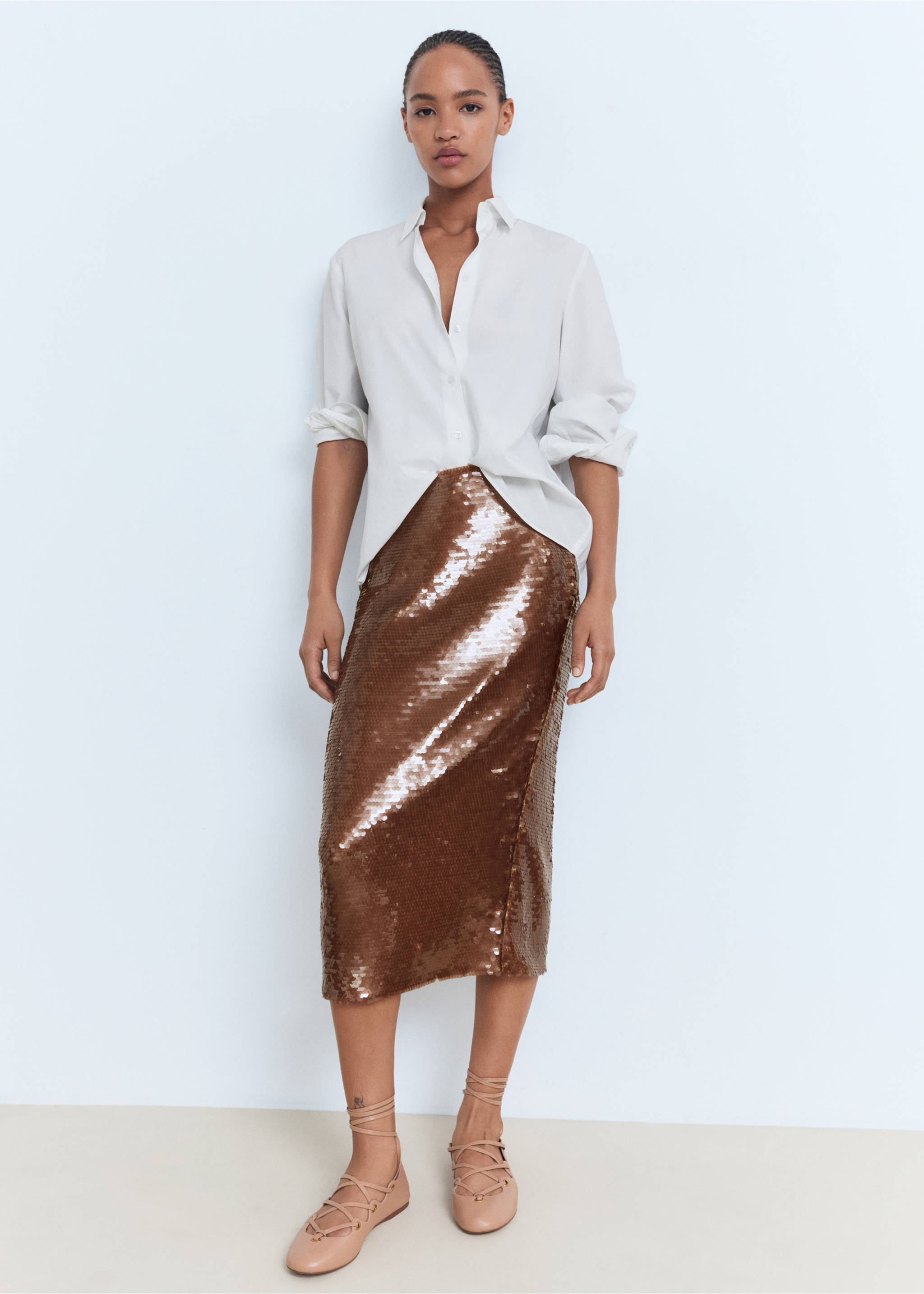 Sequinned midi-skirt - General plane, Brown. Ref: 17032909-00.