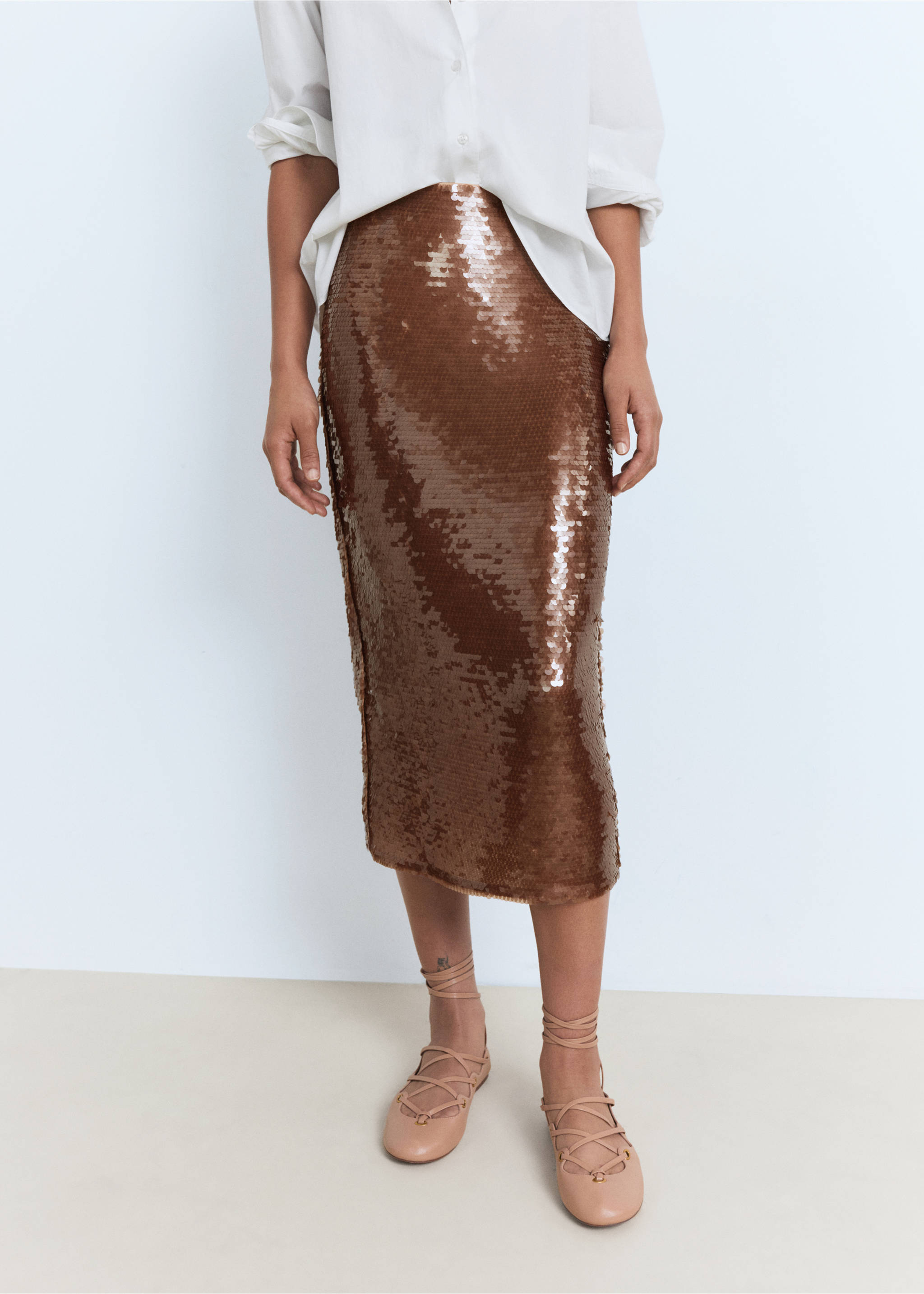 Sequinned midi-skirt - Medium plane, Brown. Ref: 17032909-00.