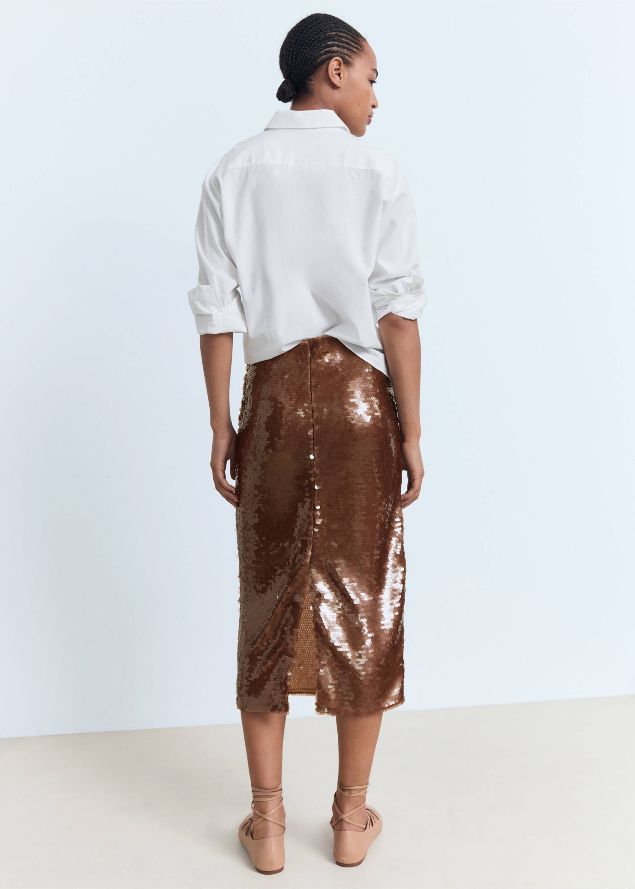 Sequinned midi-skirt - Reverse of the article, Brown. Ref: 17032909-00.