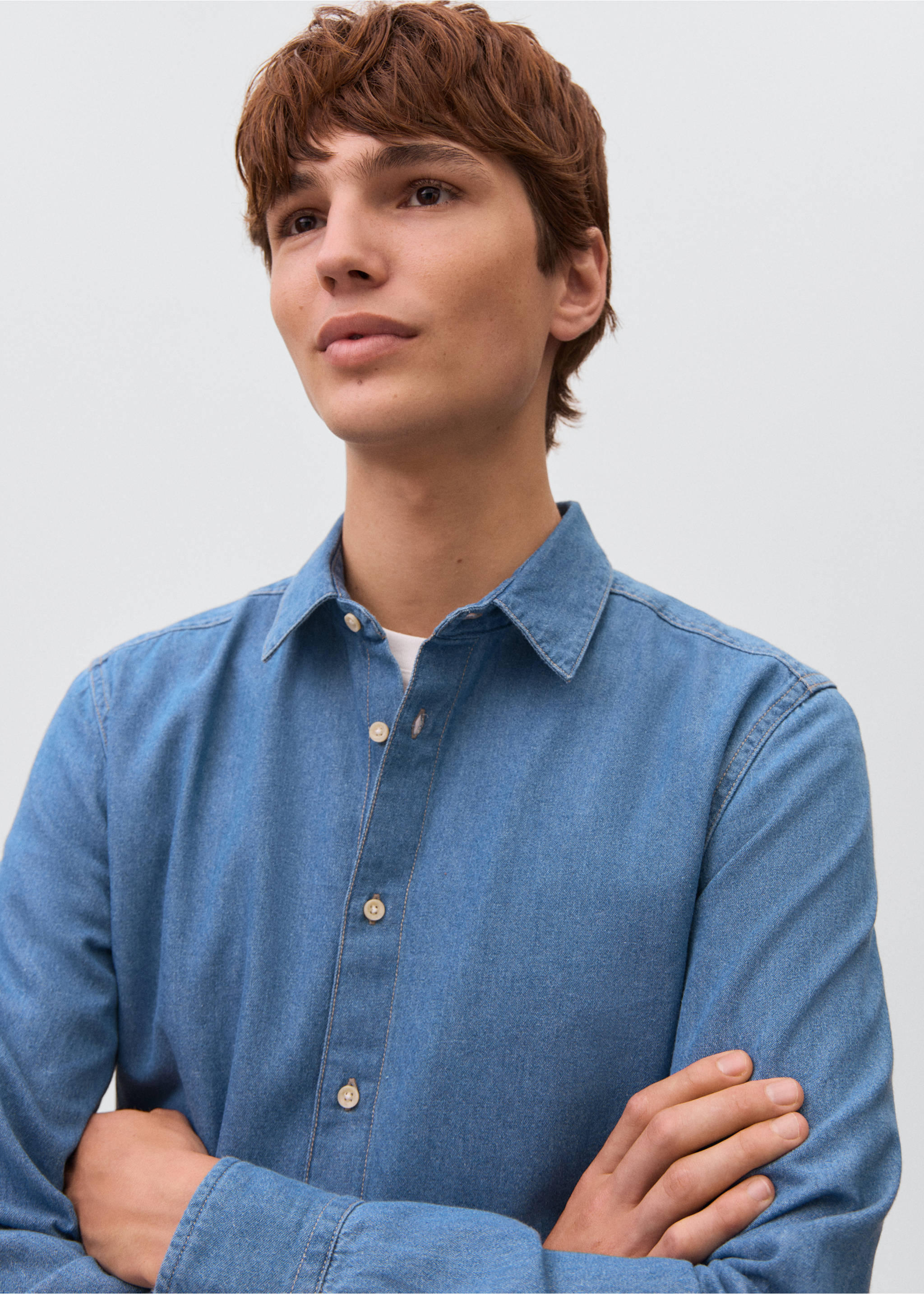 Cotton denim shirt - Details of the article 1, Medium Blue. Ref: 17032917-00.