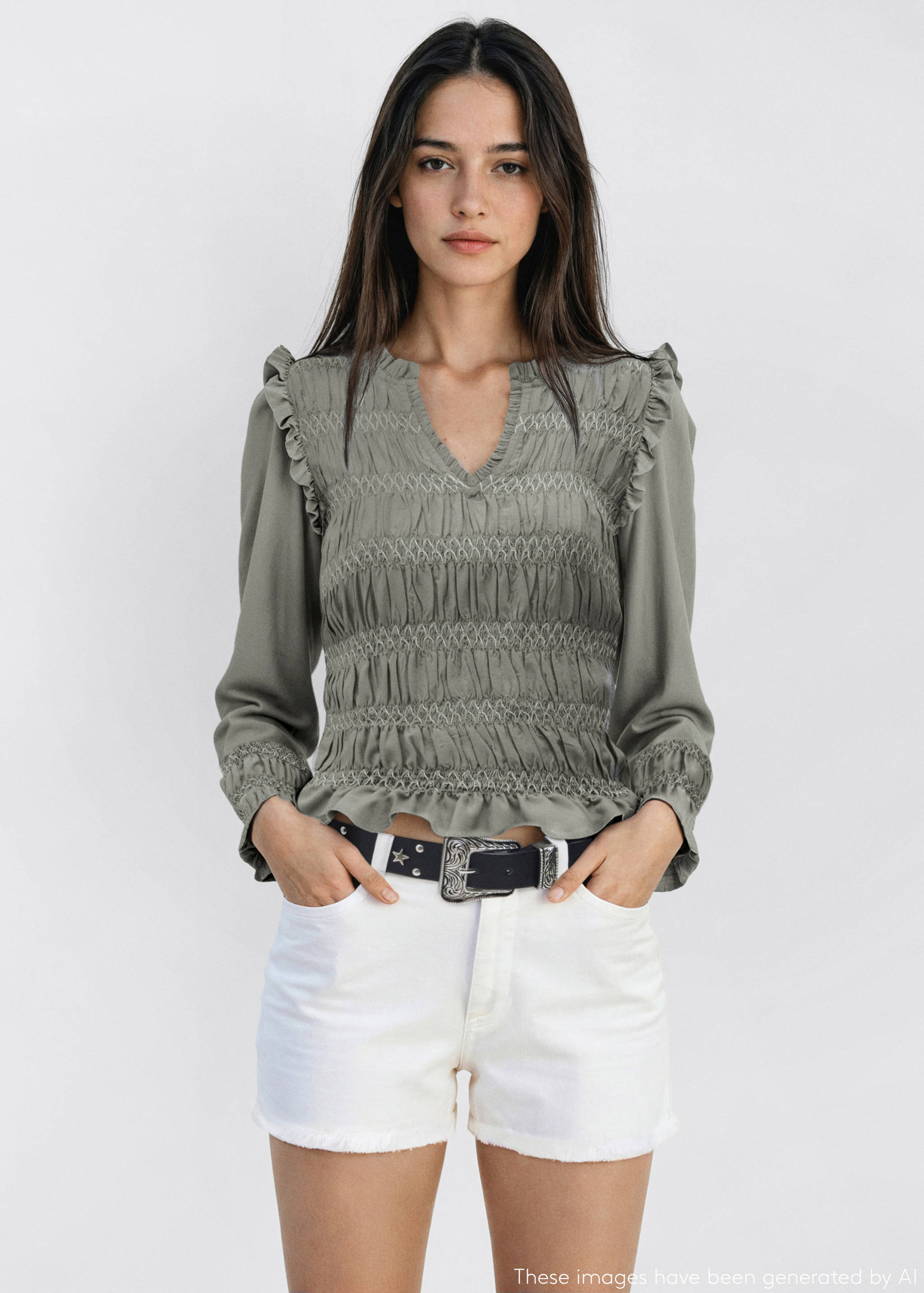 Ruffled blouse with embroidered details - Medium plane
