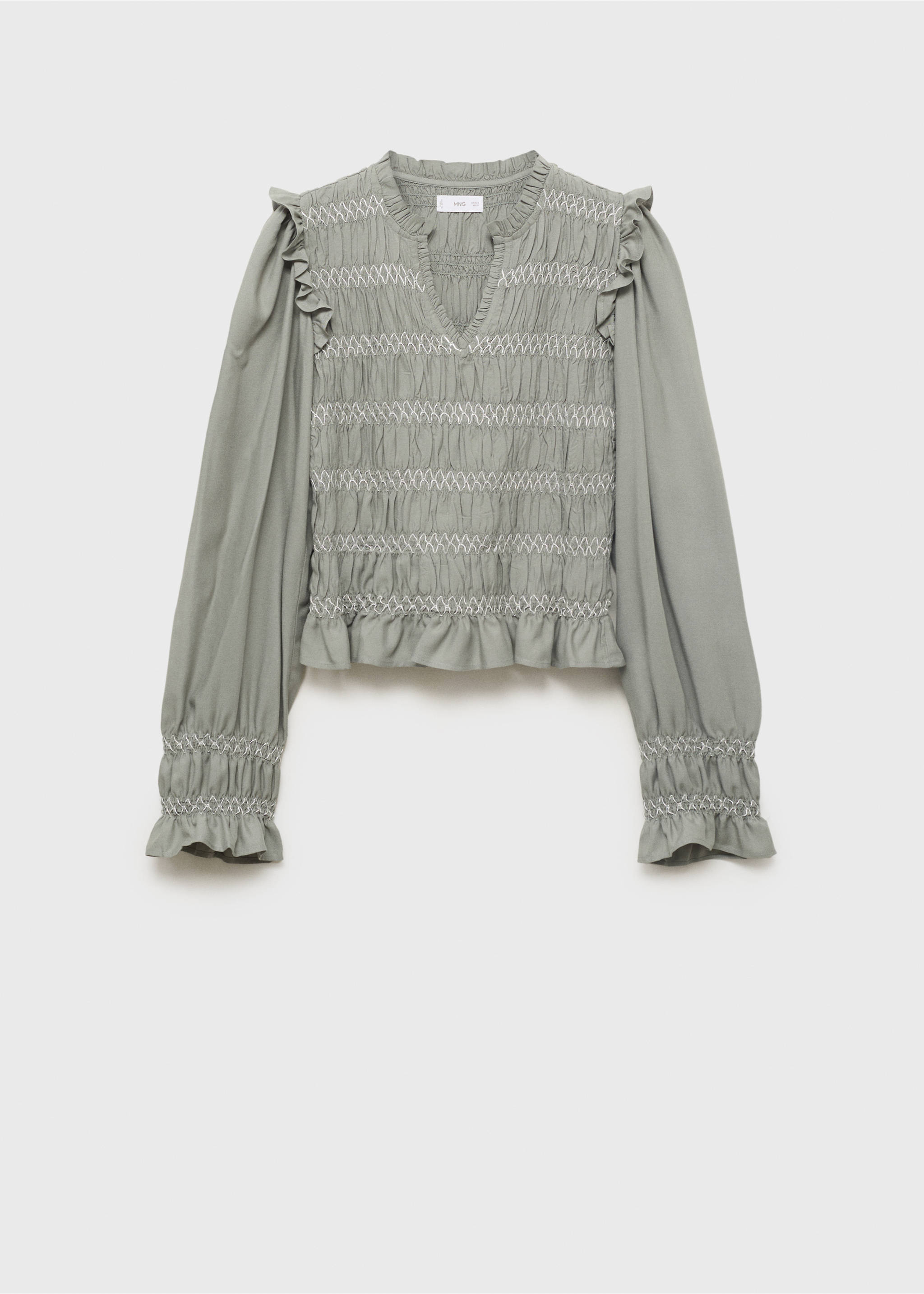 Ruffled blouse with embroidered details - Article without model, Medium Green. Ref: 17034079-00.