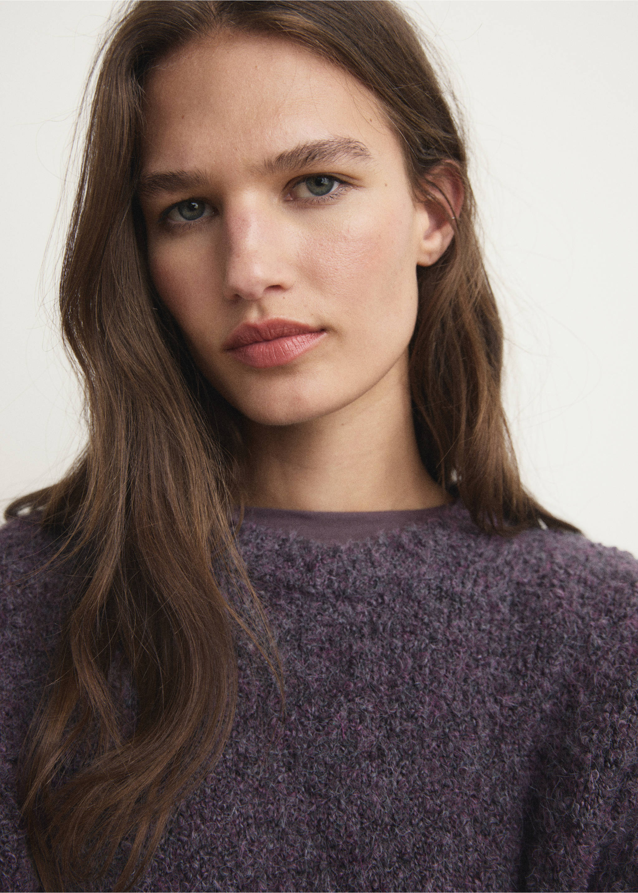 Round-neck bouclé sweater - Details of the article 1, Dark Red. Ref: 17034108-00.