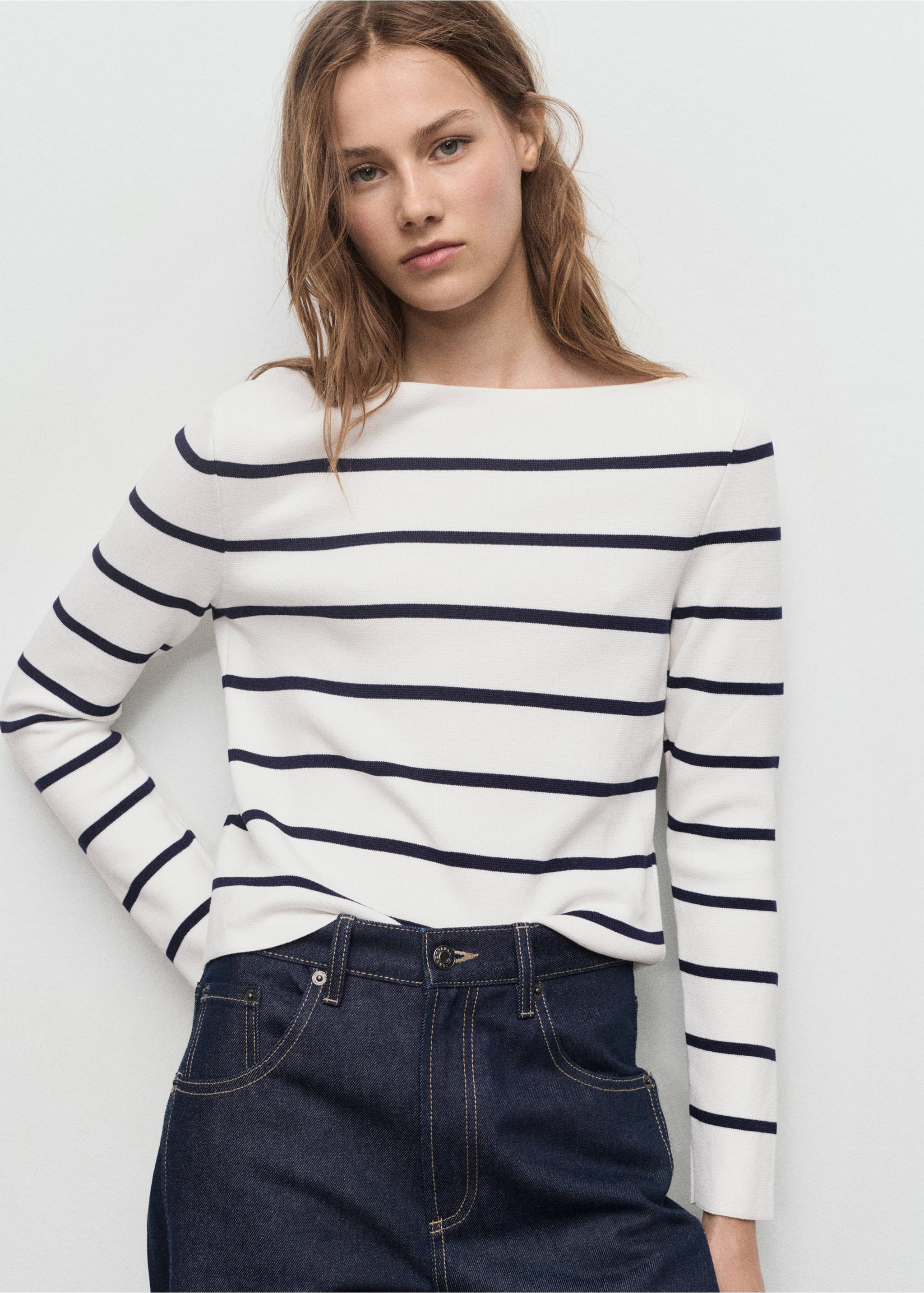 Fine-knit boat-neck sweater - Medium plane, Ecru. Ref: 17034139-00.