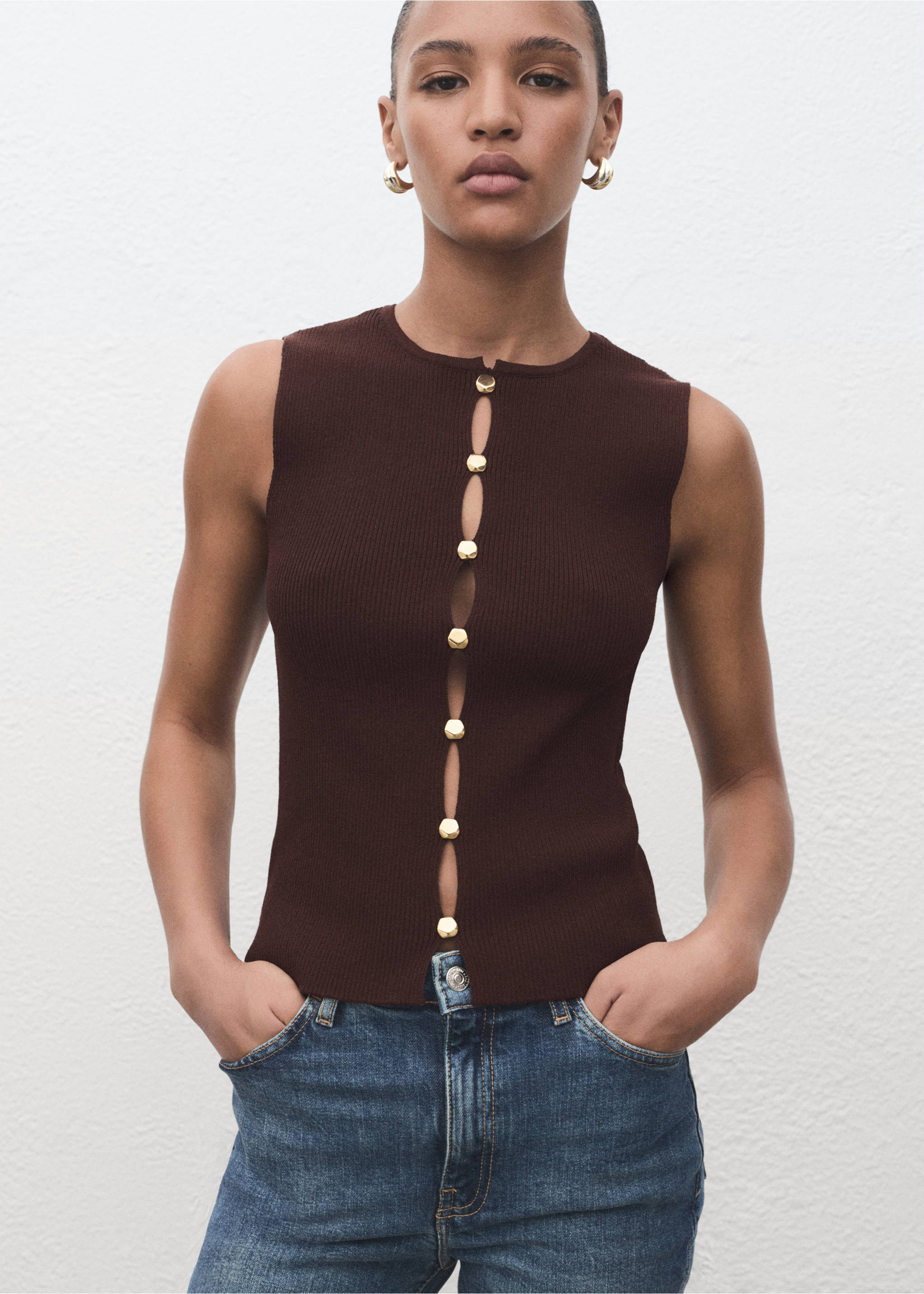 Gilet maille fentes - Plan moyen, Marron. Ref: 17034140-00.