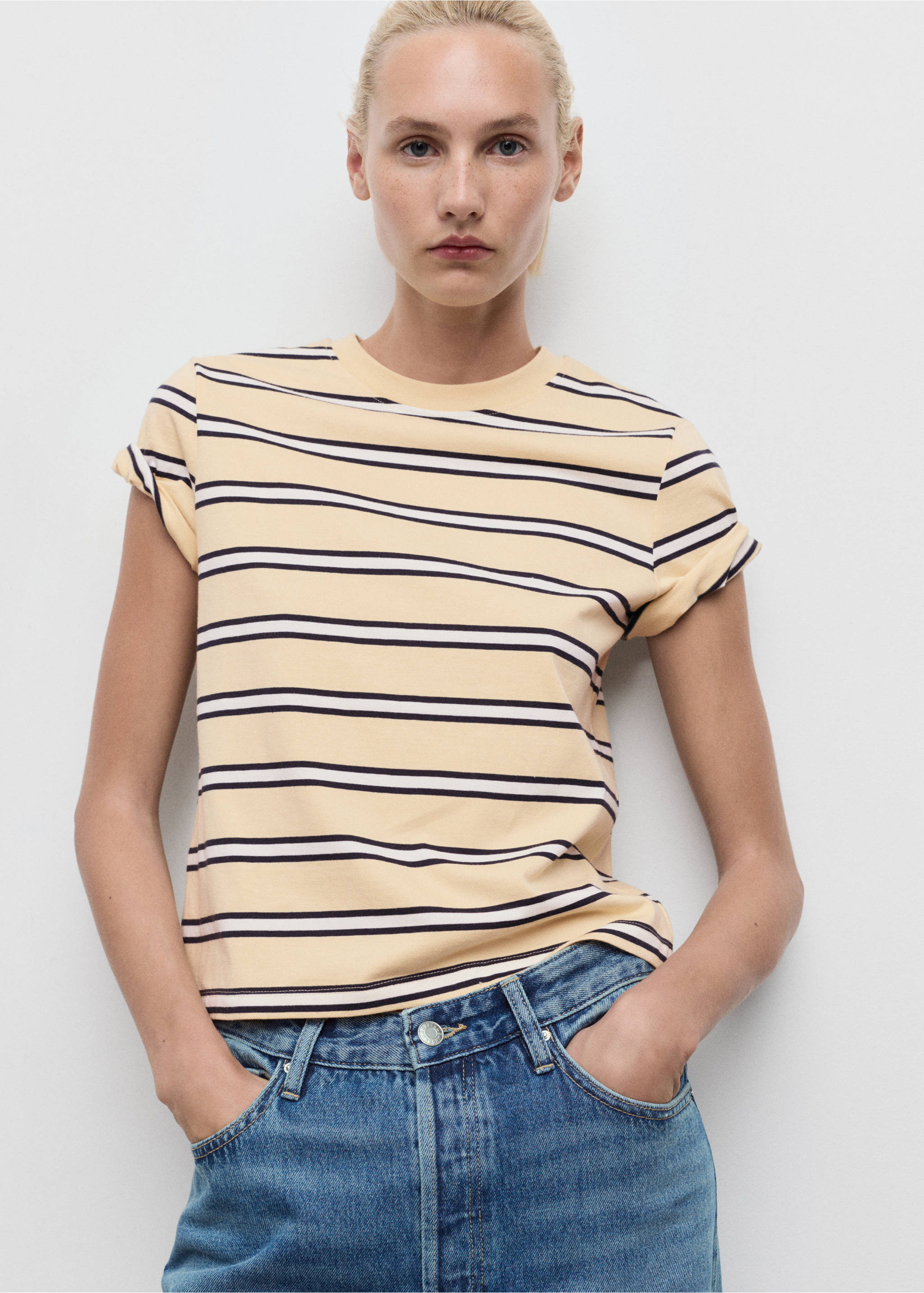 T-shirt coton à rayures - Plan moyen, Jaune pastel. Ref: 17034144-00.