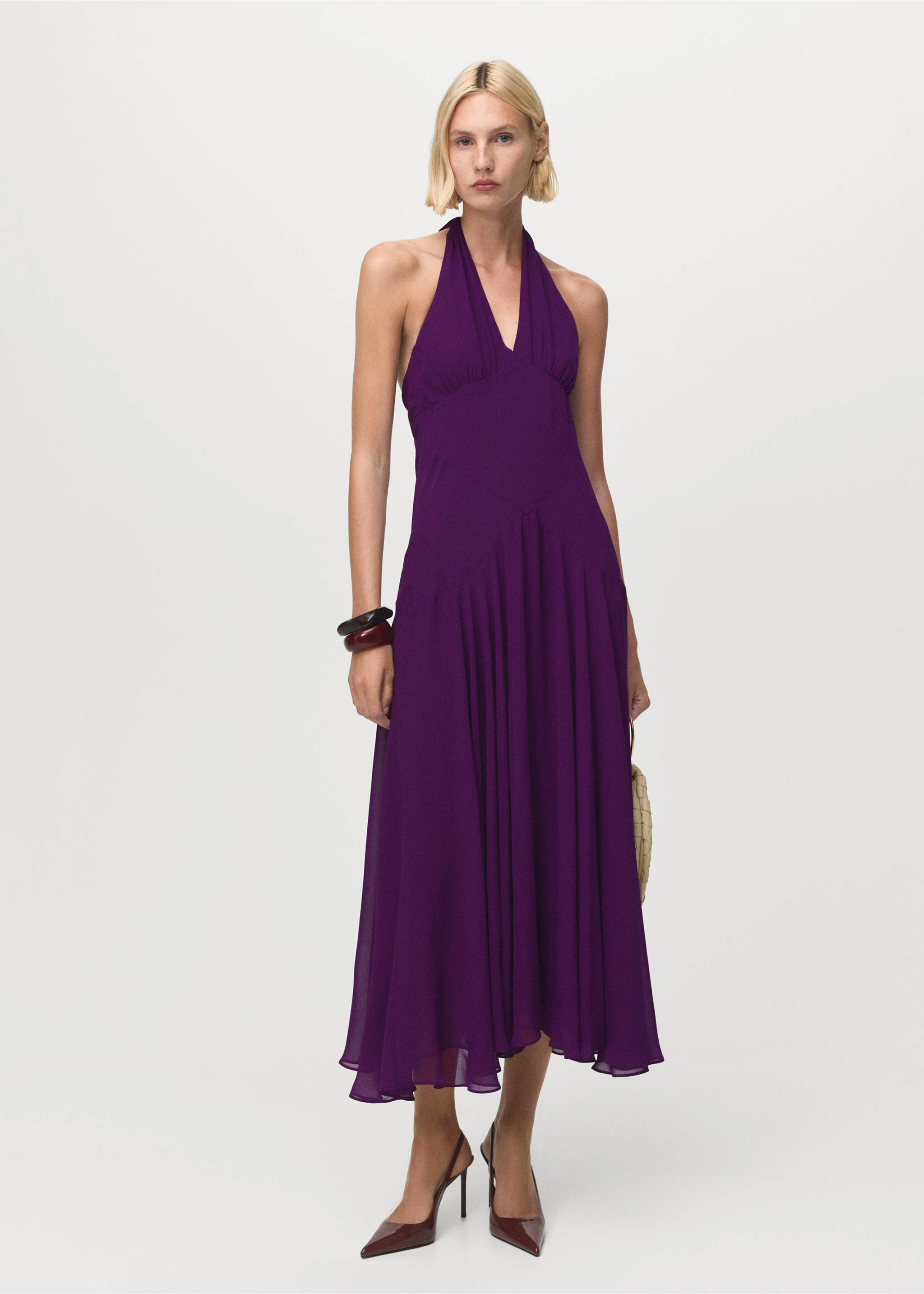 Halter-neck pleated dress - General plane, Purple. Ref: 17034447-00.