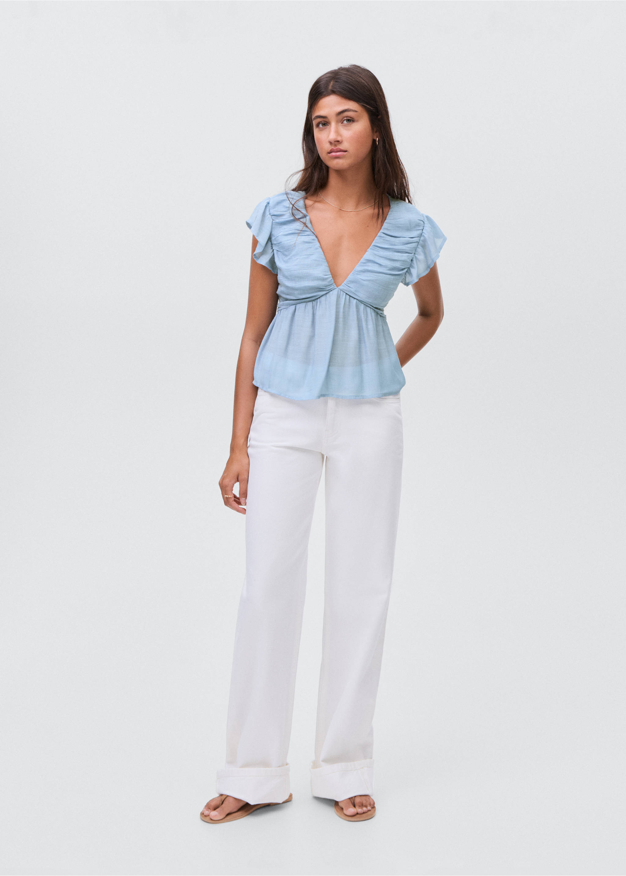 Rüschenbluse mit gerafften Details - Allgemeine Ansicht, Himmelblau. Ref: 17034776-00.