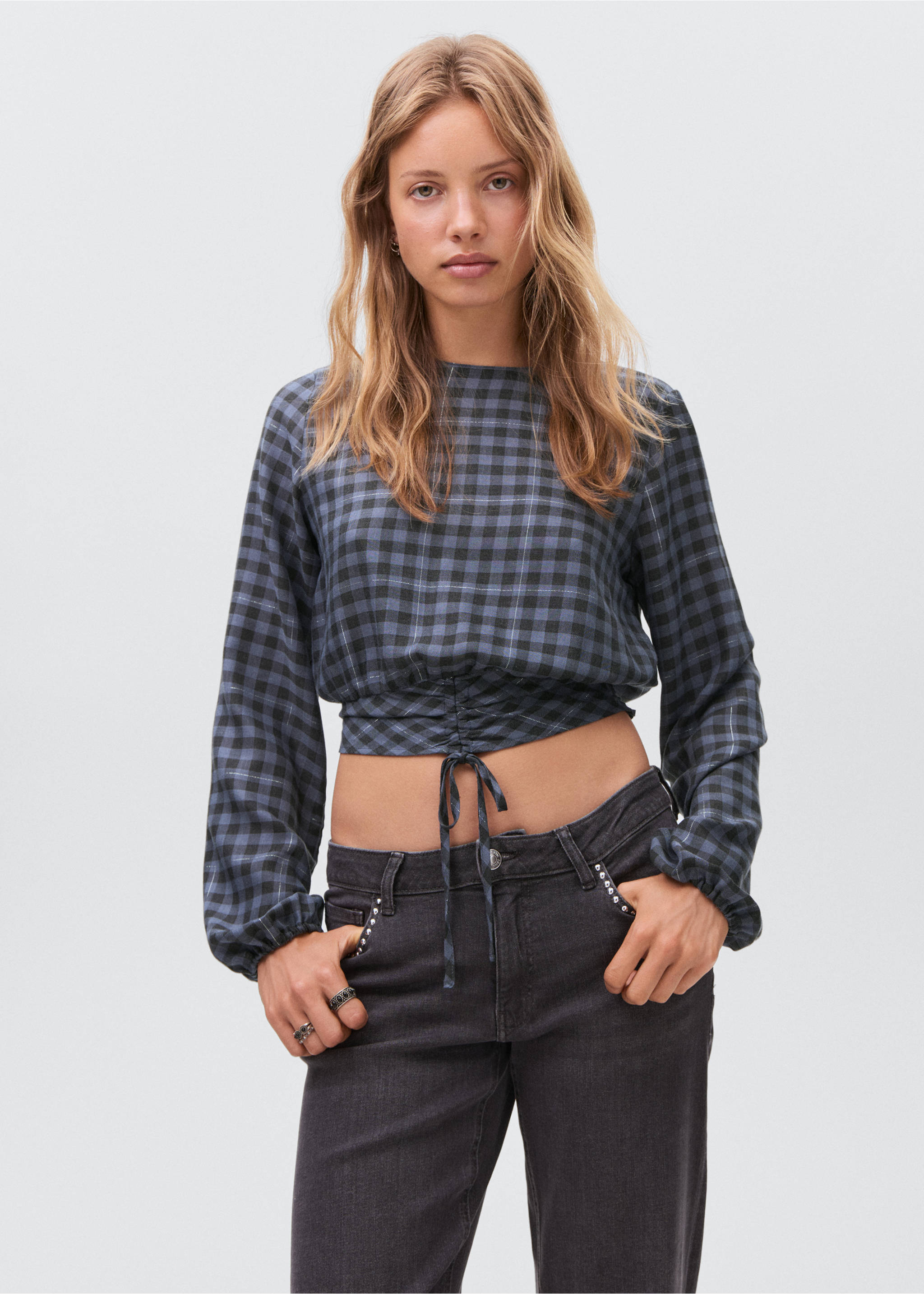 Check blouse with lurex detail - Medium plane, Grey. Ref: 17034779-00.
