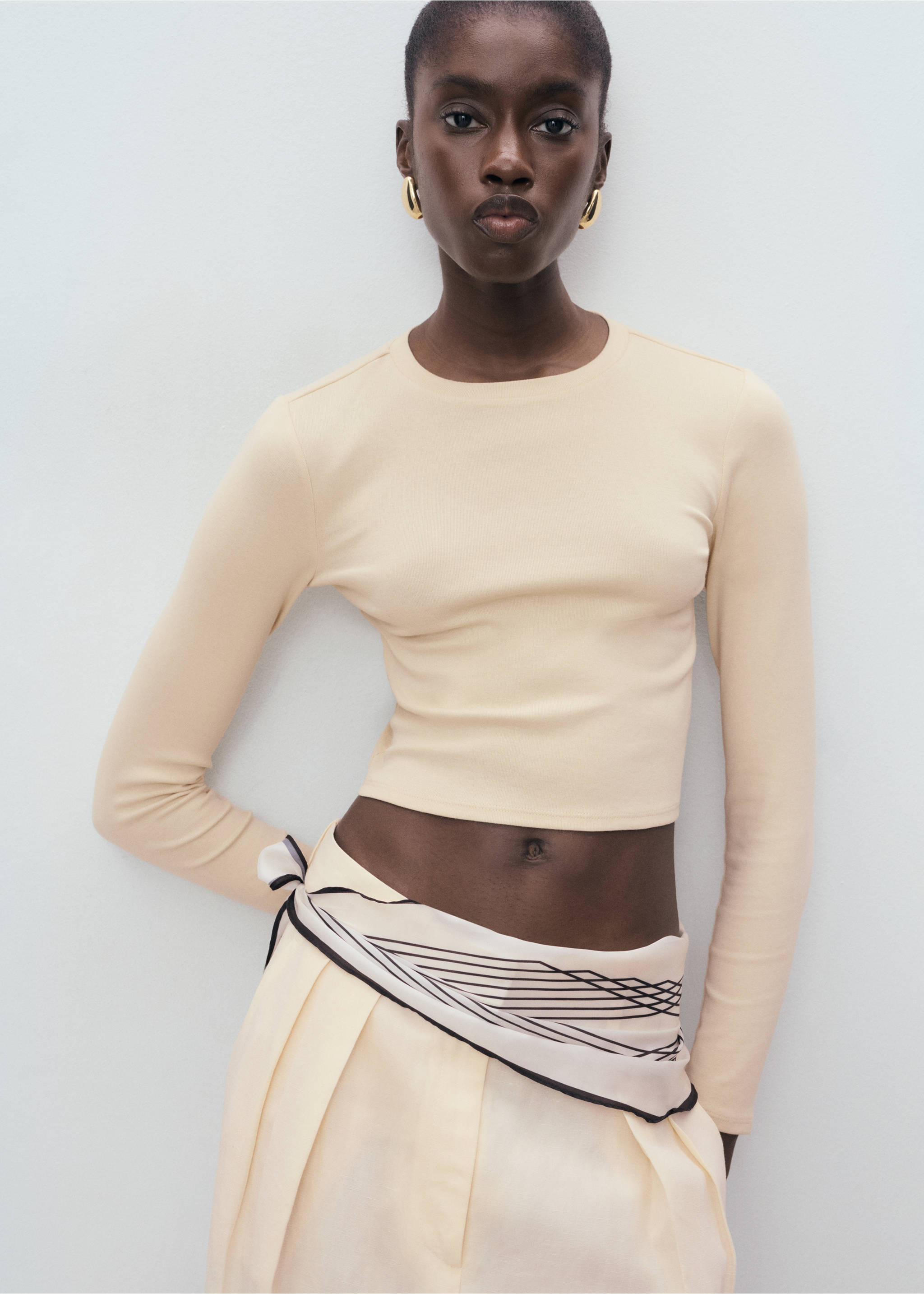 Long-sleeved cropped t-shirt - Medium plane, Beige. Ref: 17034781-00.