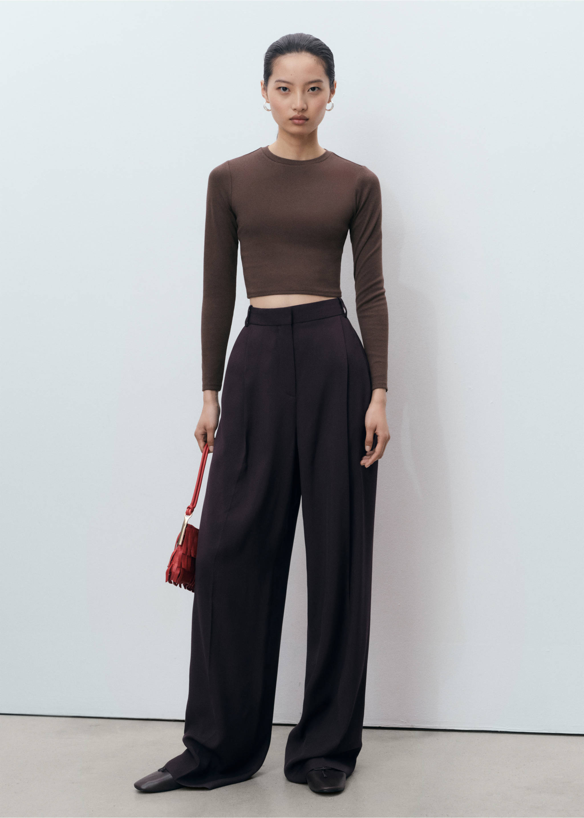 Long-sleeved cropped t-shirt - General plane, Brown. Ref: 17034781-00.
