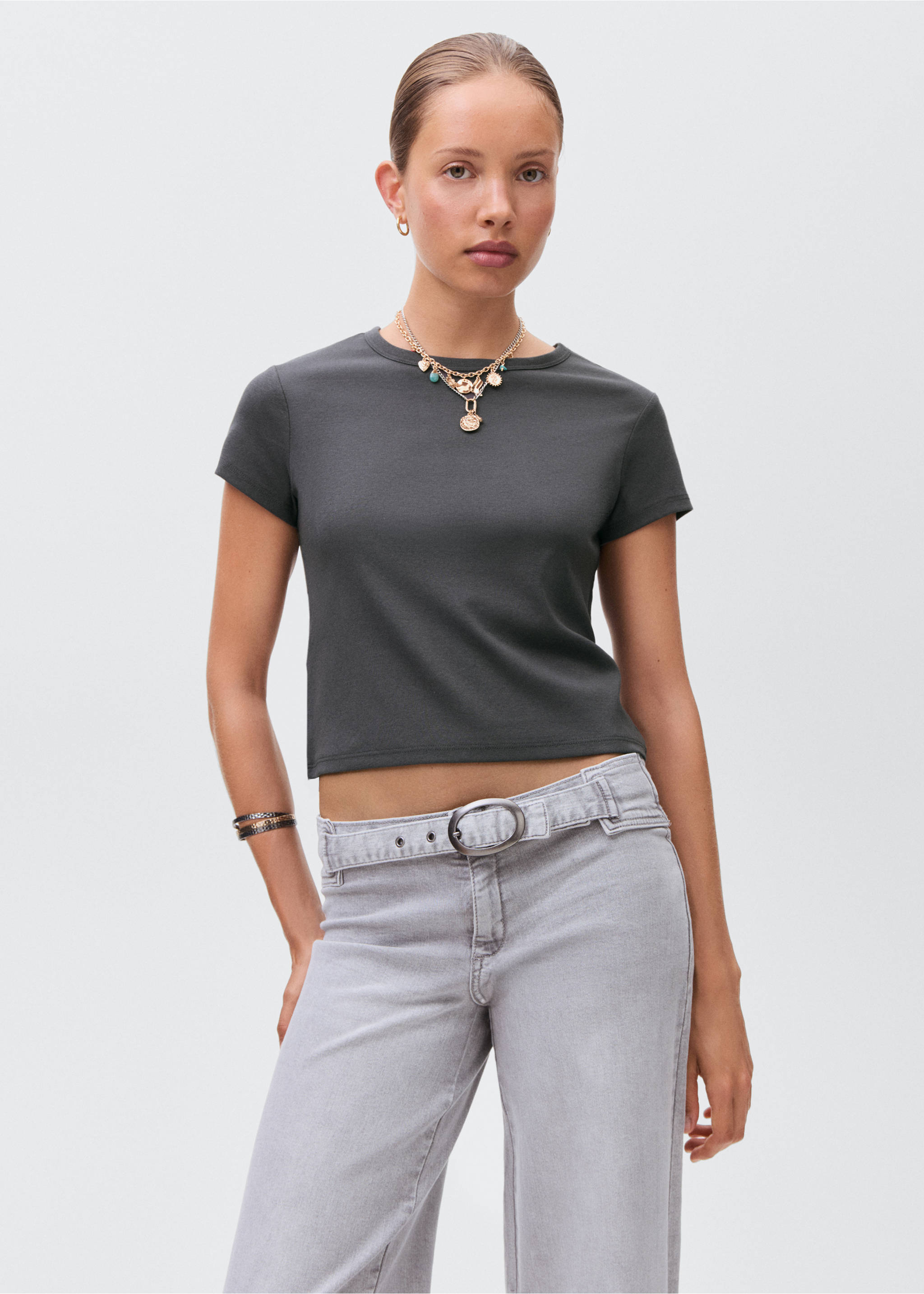T-shirt coton ajusté - Plan moyen, Gris anthracite. Ref: 17034783-00.