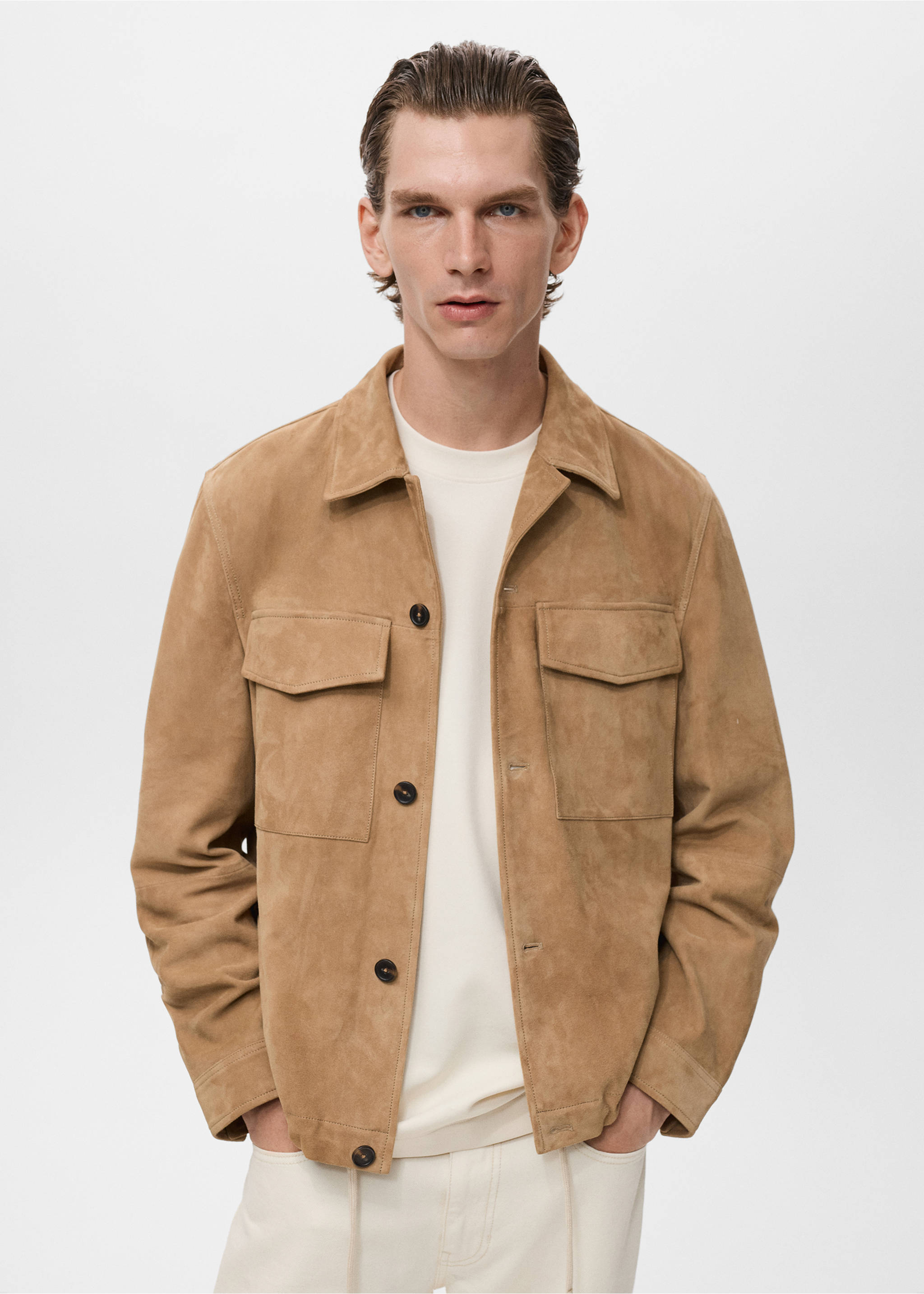 Blouson 100 % cuir daim poches - Plan moyen, Marron moyen. Ref: 17035140-00.