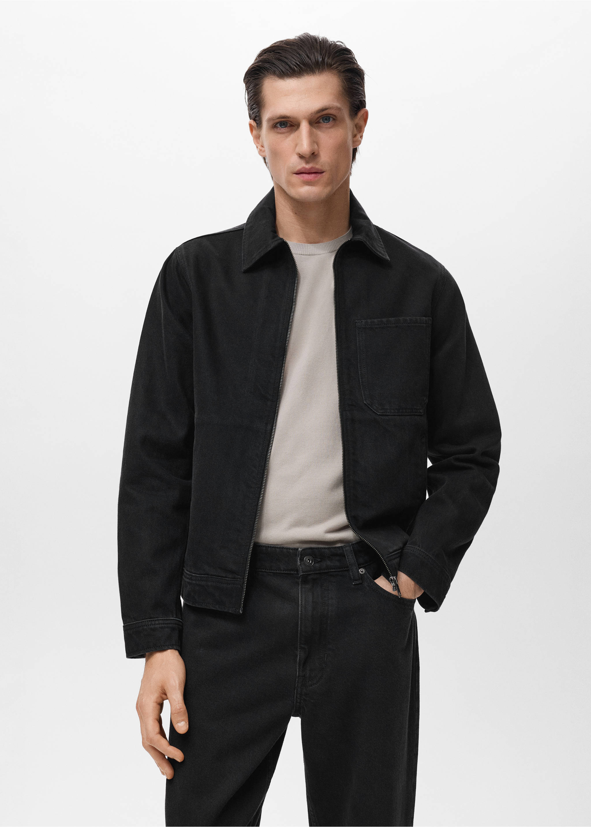 Denim jacket with pockets - Medium plane, Black denim. Ref: 17035143-00.