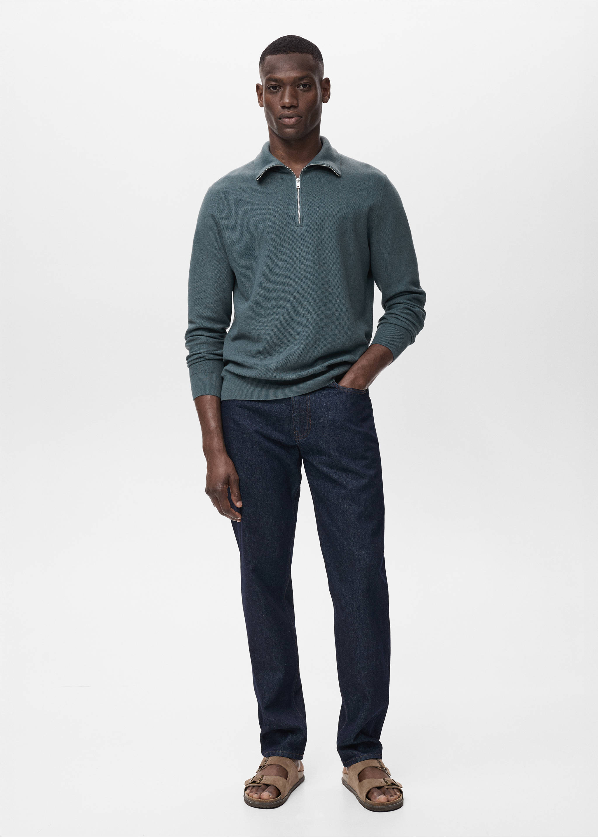 Microstructure sweater with zipper collar - General plane, Petrol Blue. Ref: 17035146-00.