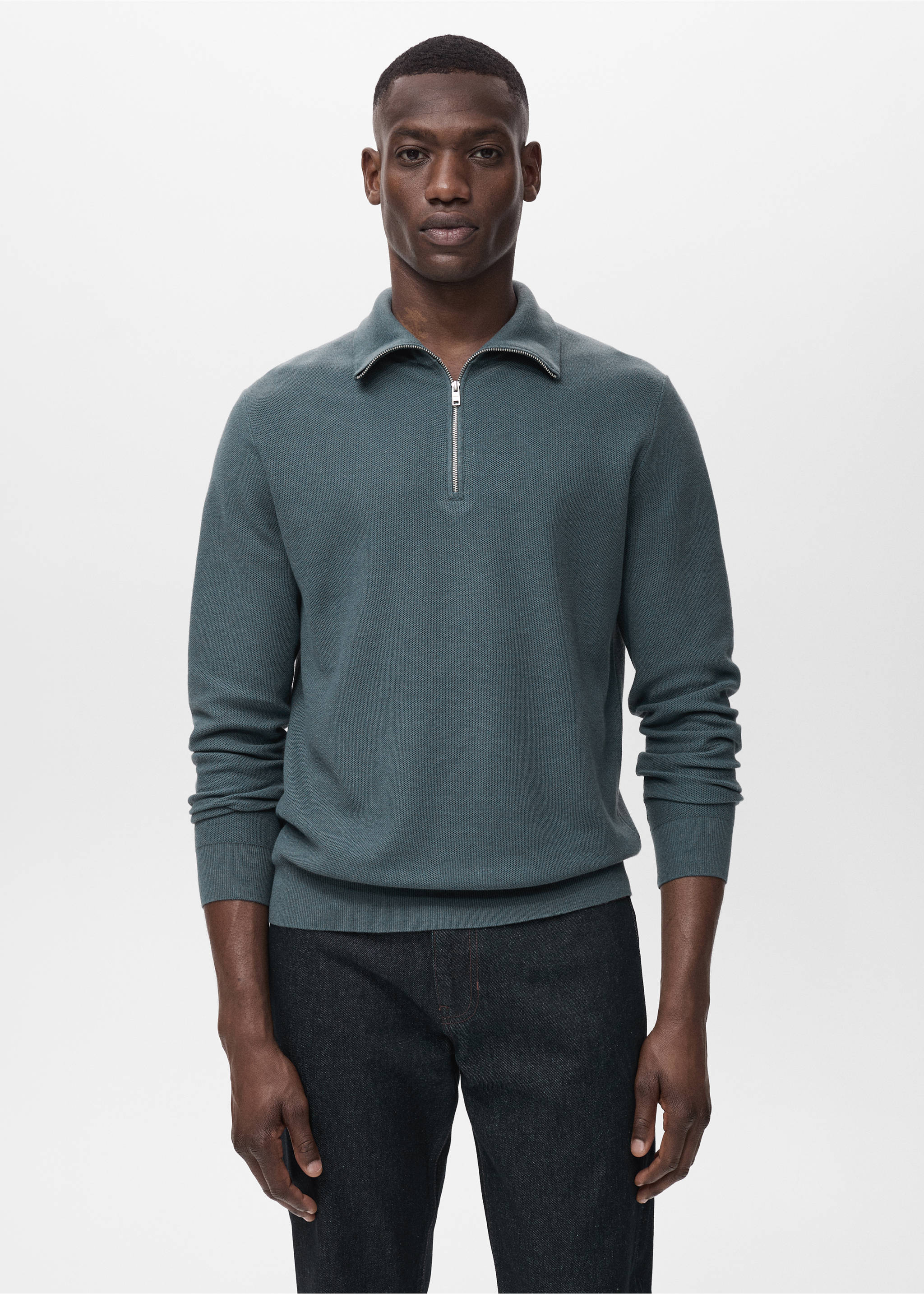 Microstructure sweater with zipper collar - Medium plane, Petrol Blue. Ref: 17035146-00.