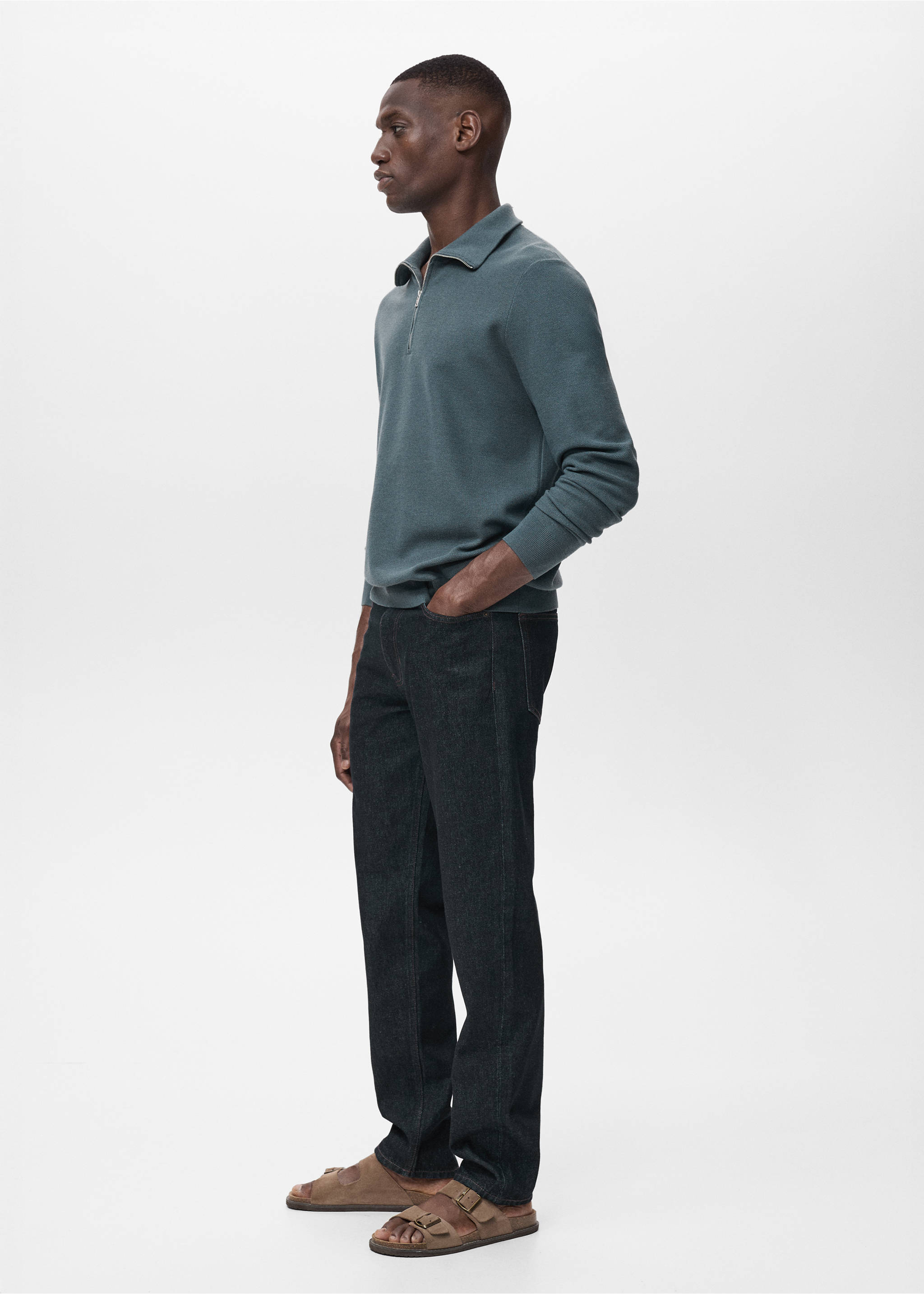 Microstructure sweater with zipper collar - Details of the article 2, Petrol Blue. Ref: 17035146-00.