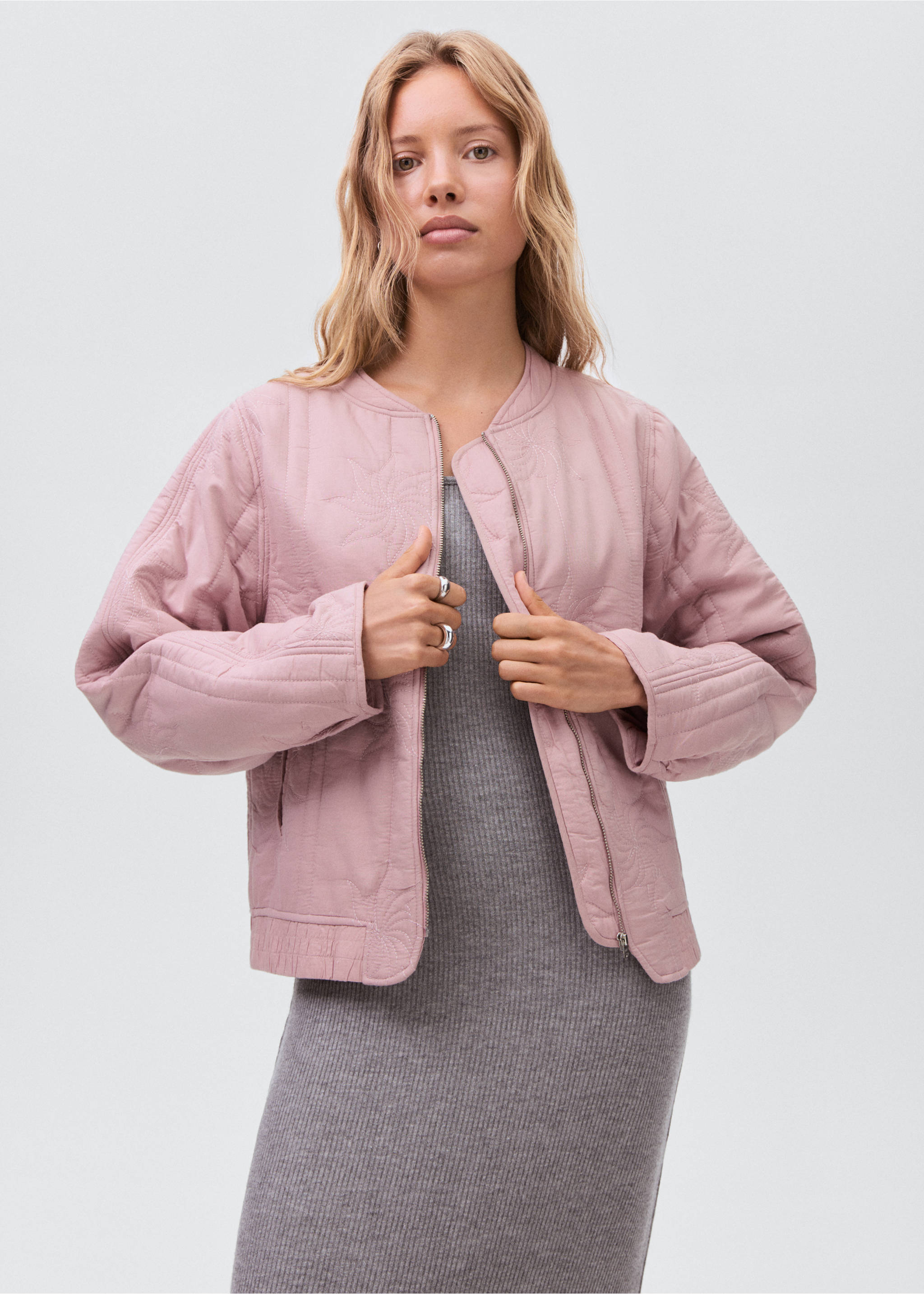 Embroidered quilted jacket - Medium plane, Pastel Pink. Ref: 17035163-00.