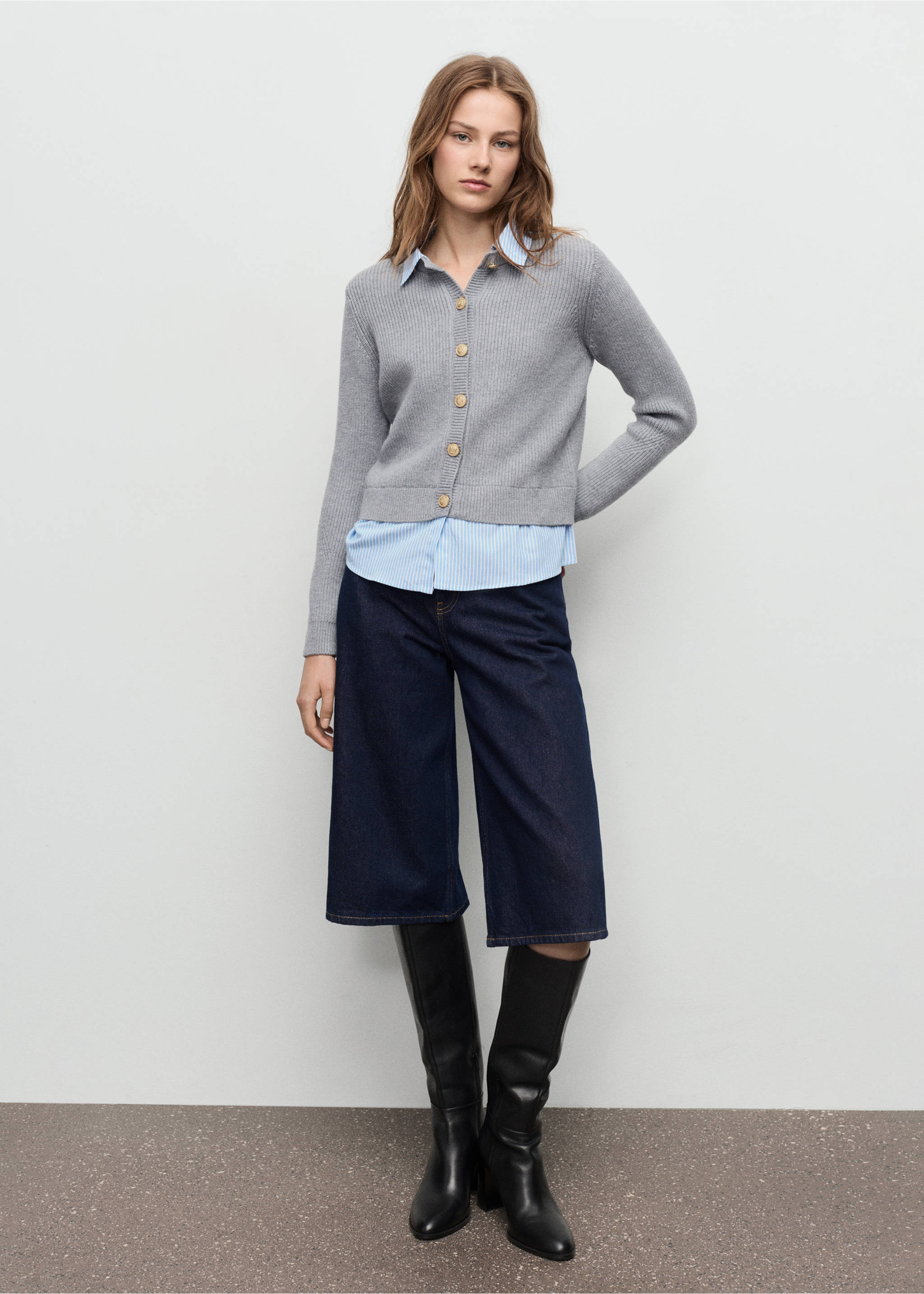 Grey ribbed knit cardigan worn over a striped shirt with dark denim culottes., Grey. Ref: 17035796-00.