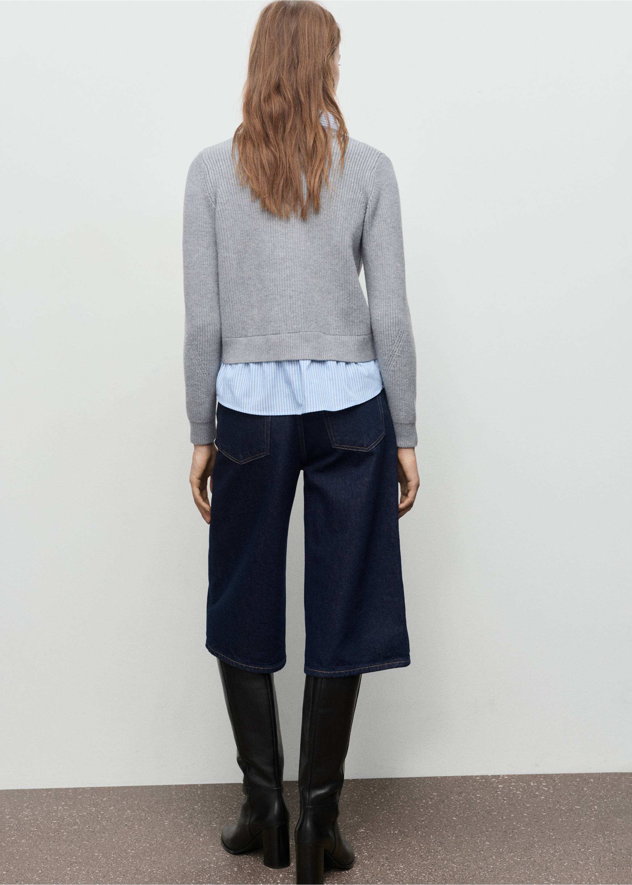 Back view of a grey ribbed knit cardigan layered over a striped shirt., Grey. Ref: 17035796-00.
