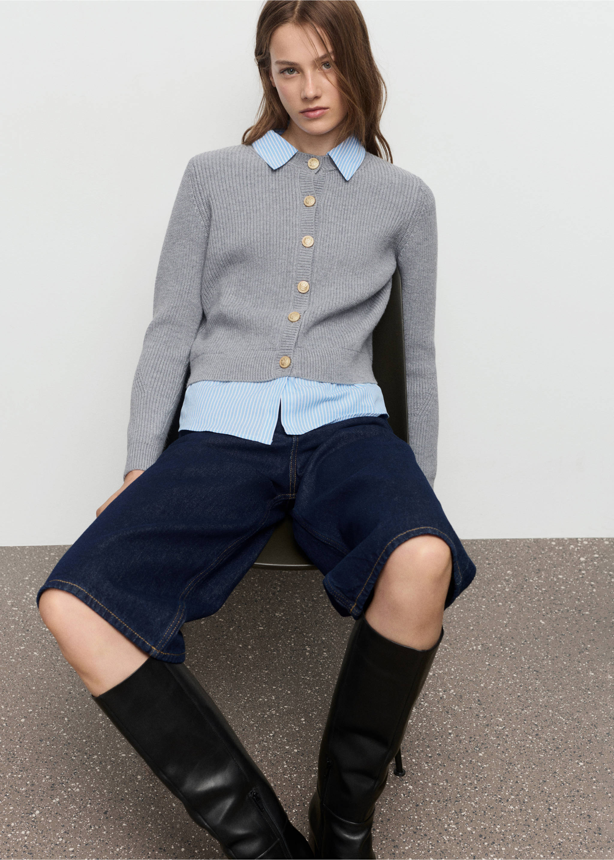 Grey ribbed cardigan featuring ornate gold-tone buttons and a round neckline., Grey. Ref: 17035796-00.