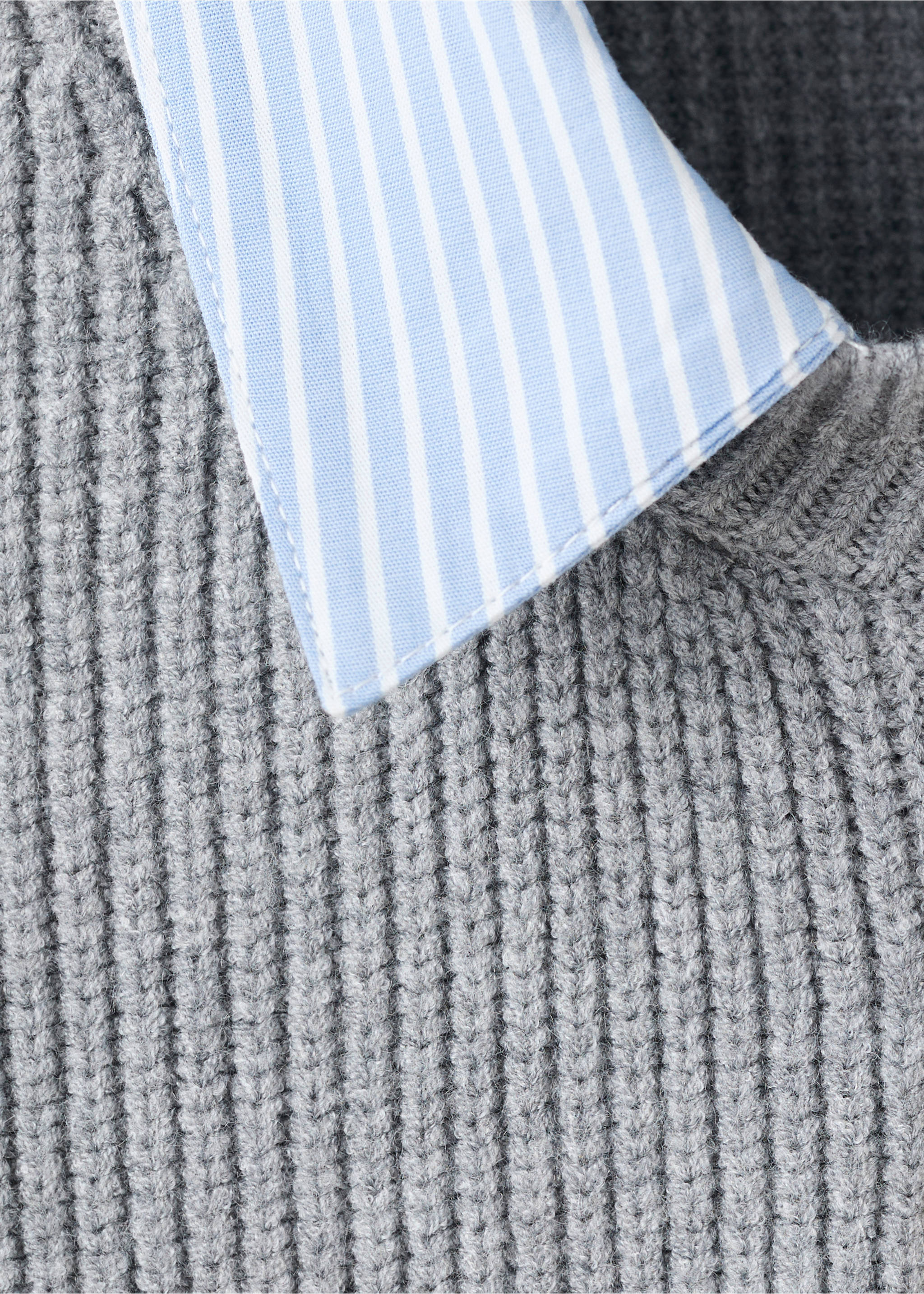 Close-up of a grey ribbed cardigan with a blue-and-white striped collar., Grey. Ref: 17035796-00.