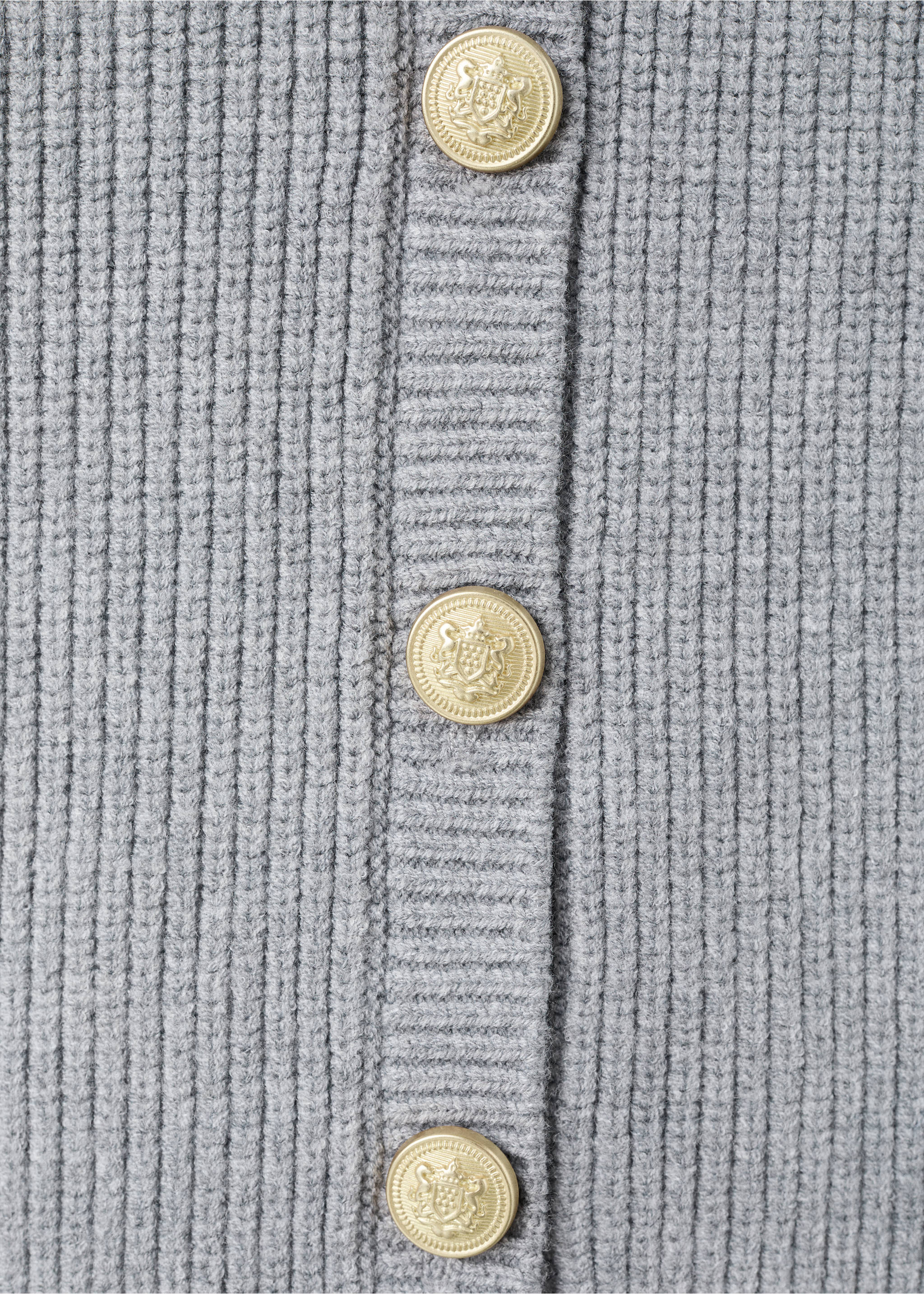 Close-up of a grey ribbed cardigan with gold embossed buttons., Grey. Ref: 17035796-00.