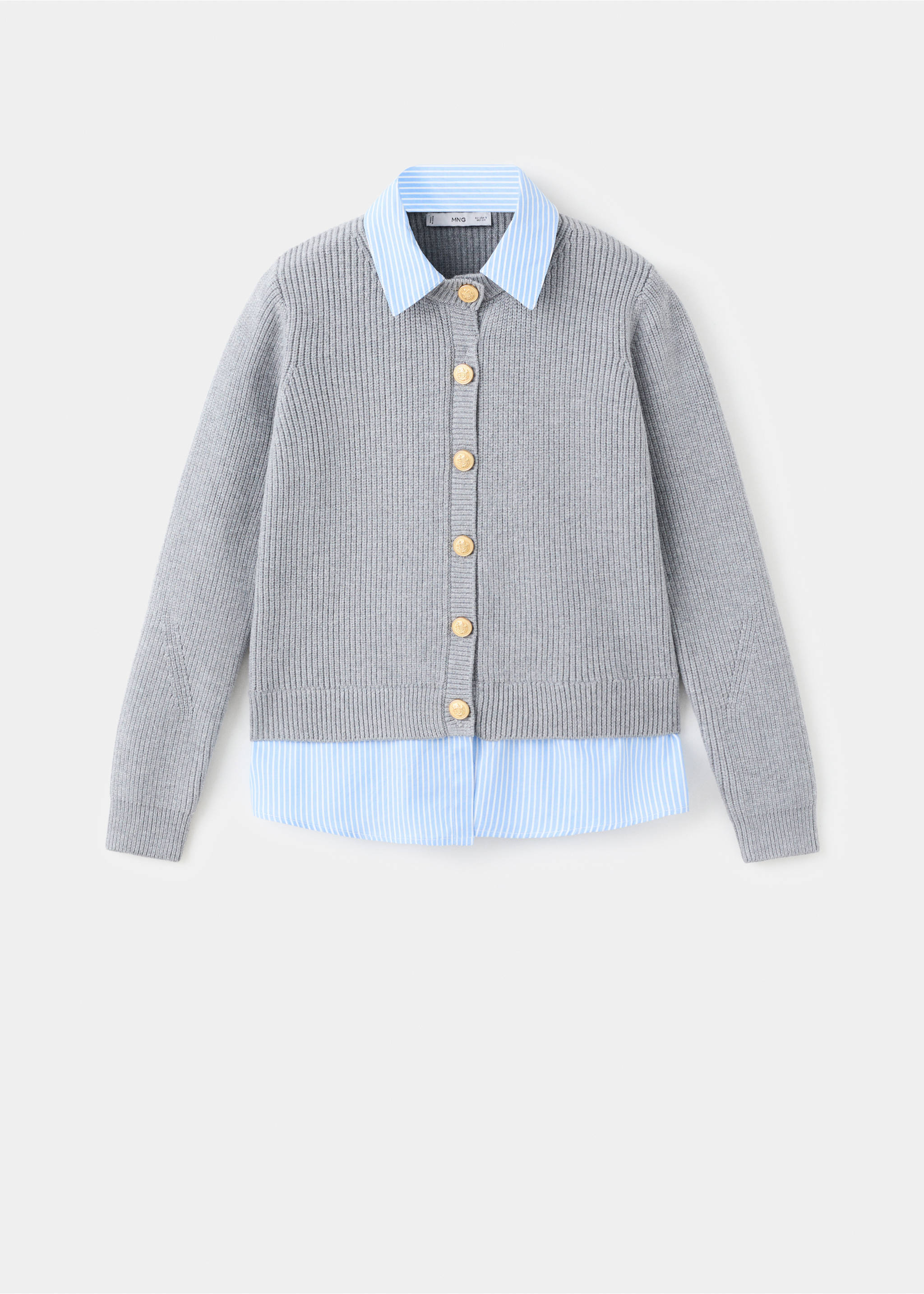 Grey ribbed knit cardigan with gold-toned buttons and layered striped shirt., Grey. Ref: 17035796-00.