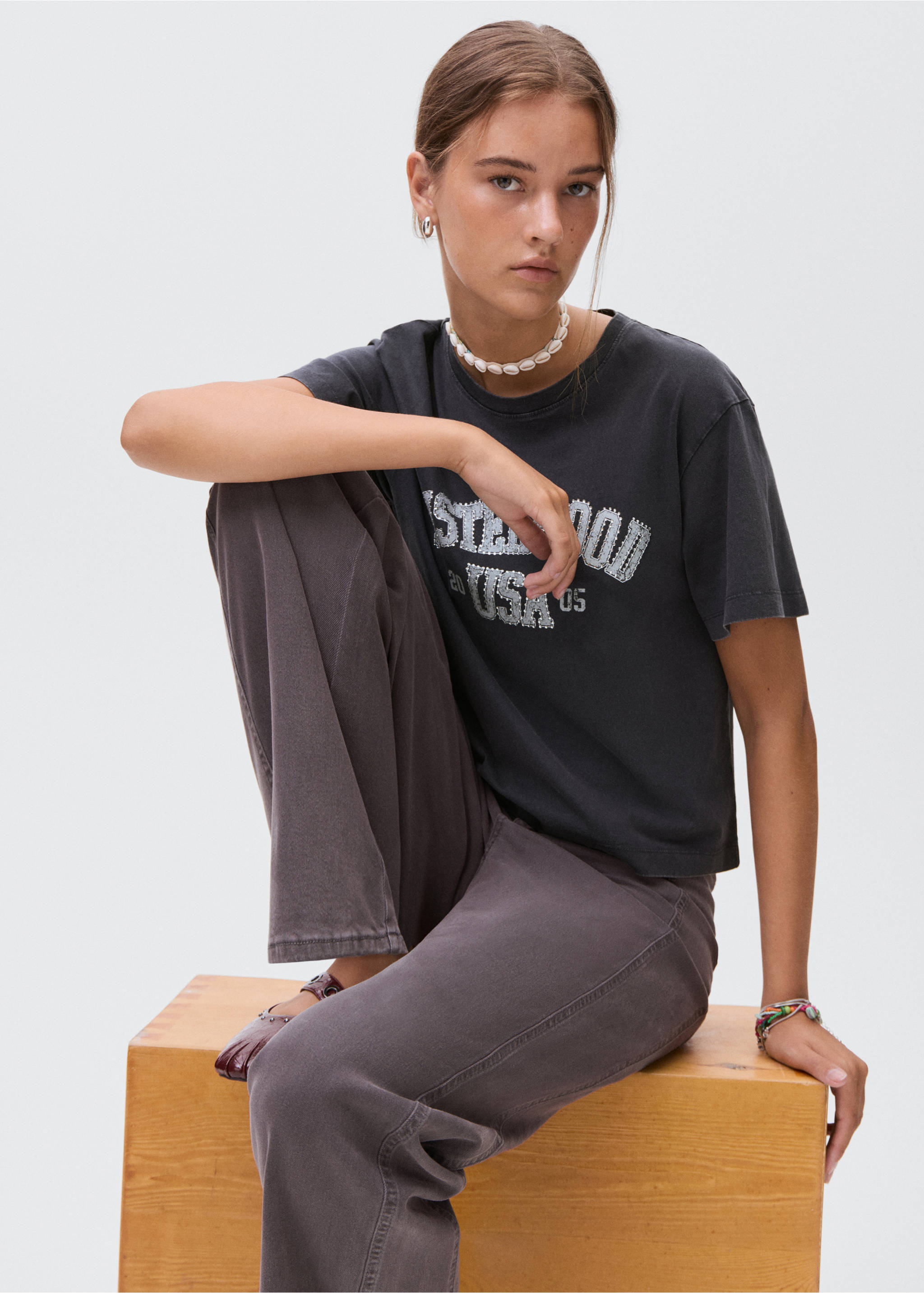 Printed cotton-blend t-shirt - Details of the article 2, Charcoal. Ref: 17035802-00.