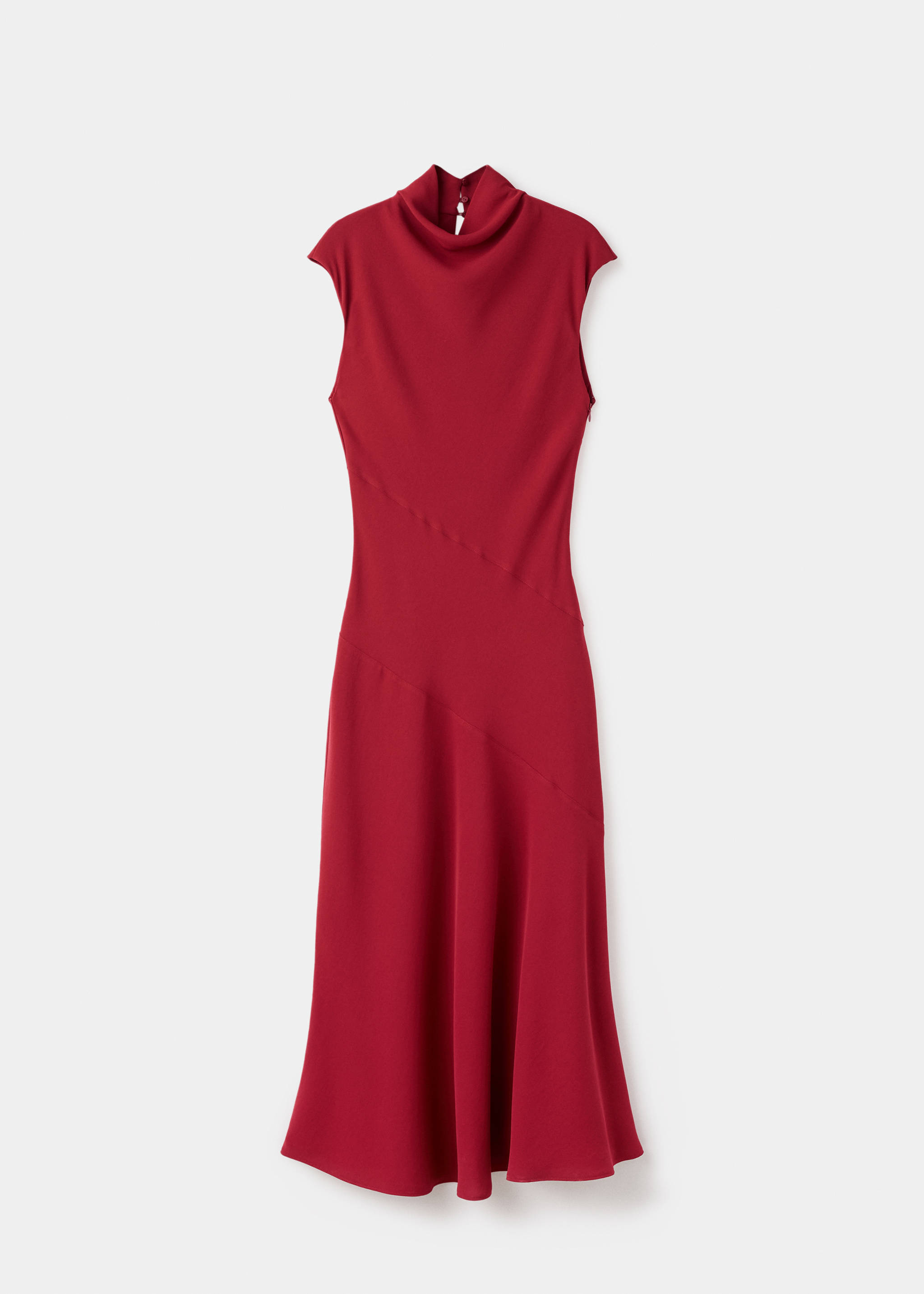 Dark red midi dress with a high cowl neck and cap sleeves.