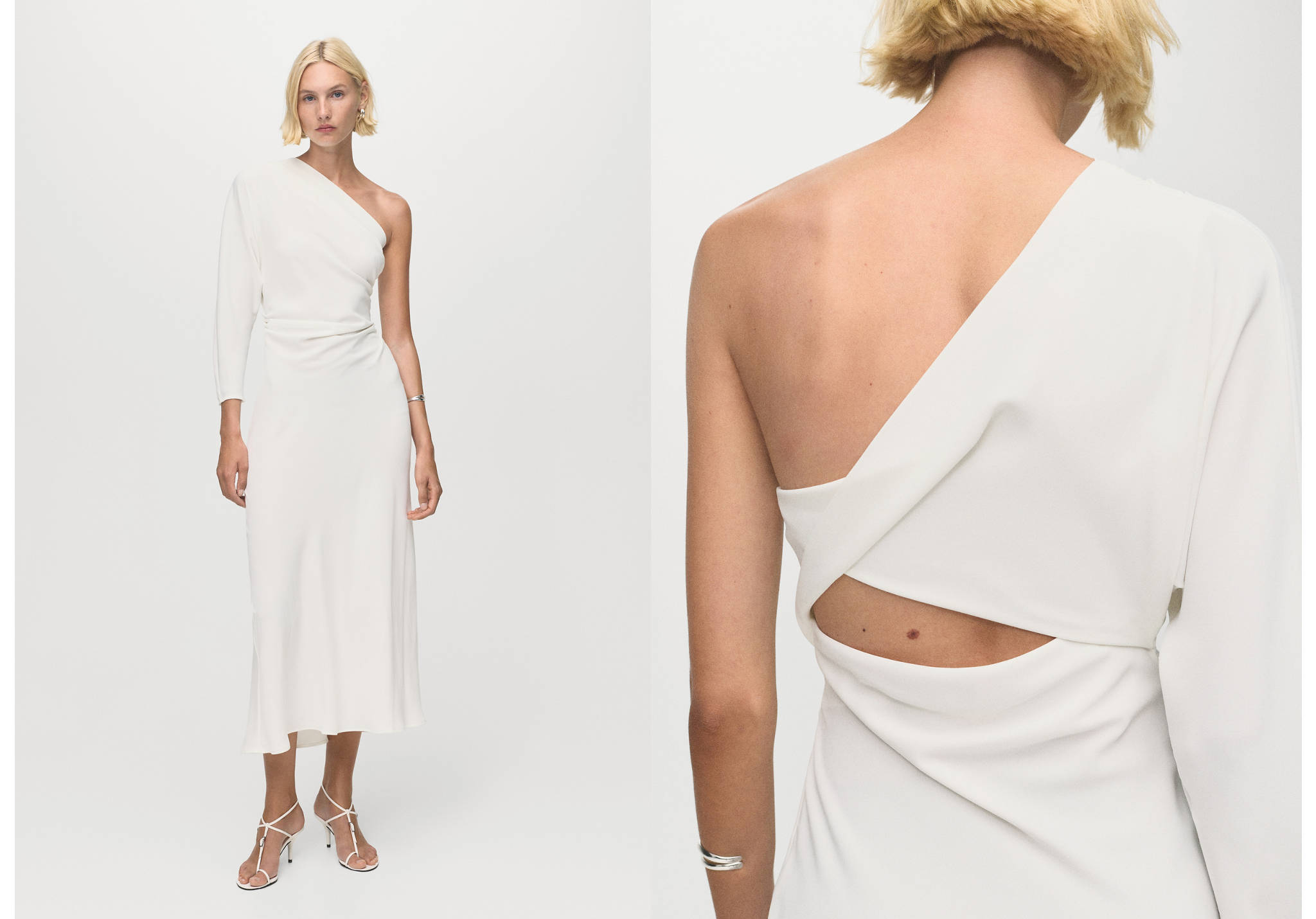 White one-shoulder midi dress with a single long sleeve and back cutout, shown in full and detail views.
