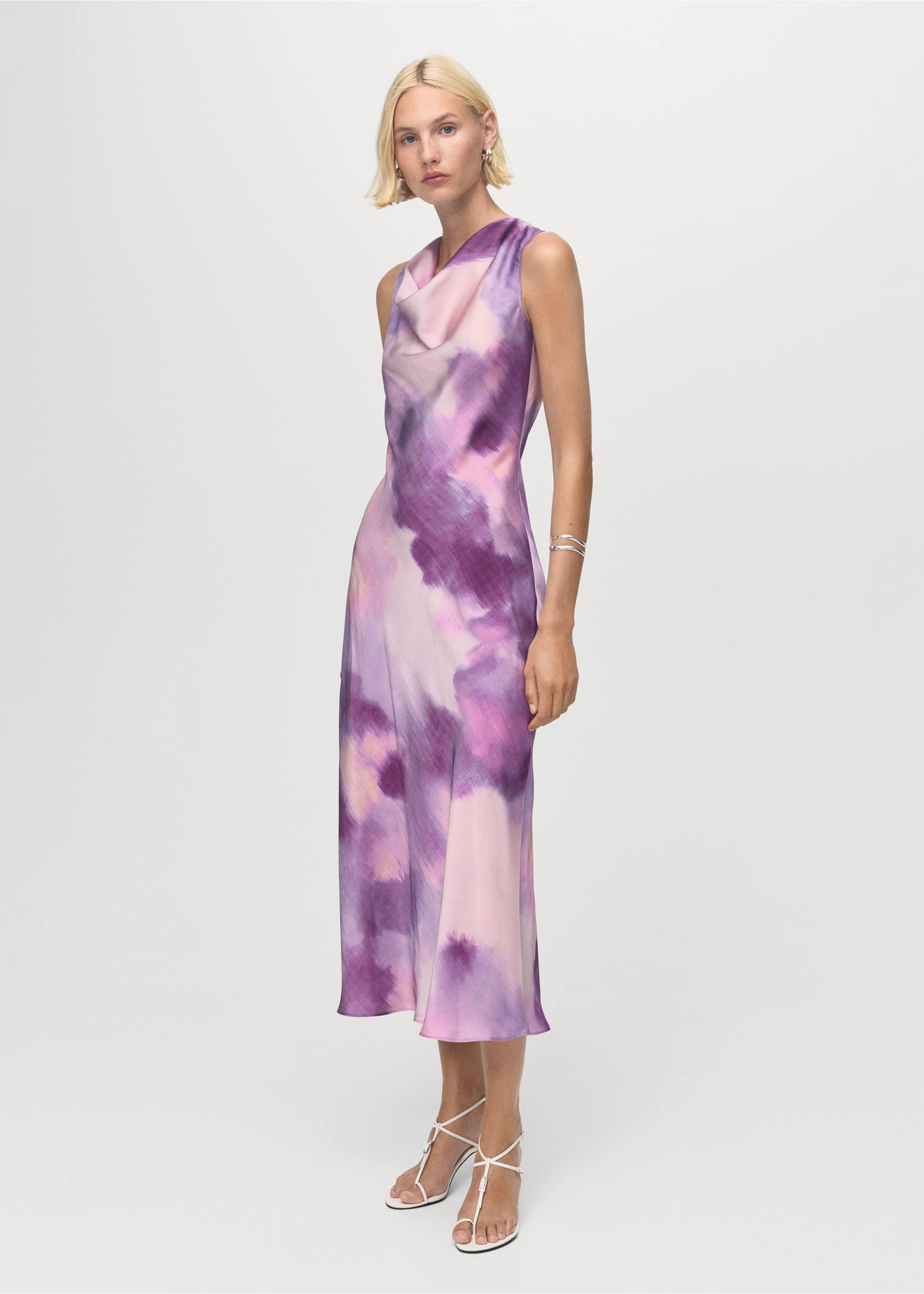 Satin tie-dye dress with draped neckline - General plane, Light/Pastel Purple. Ref: 17036003-00.