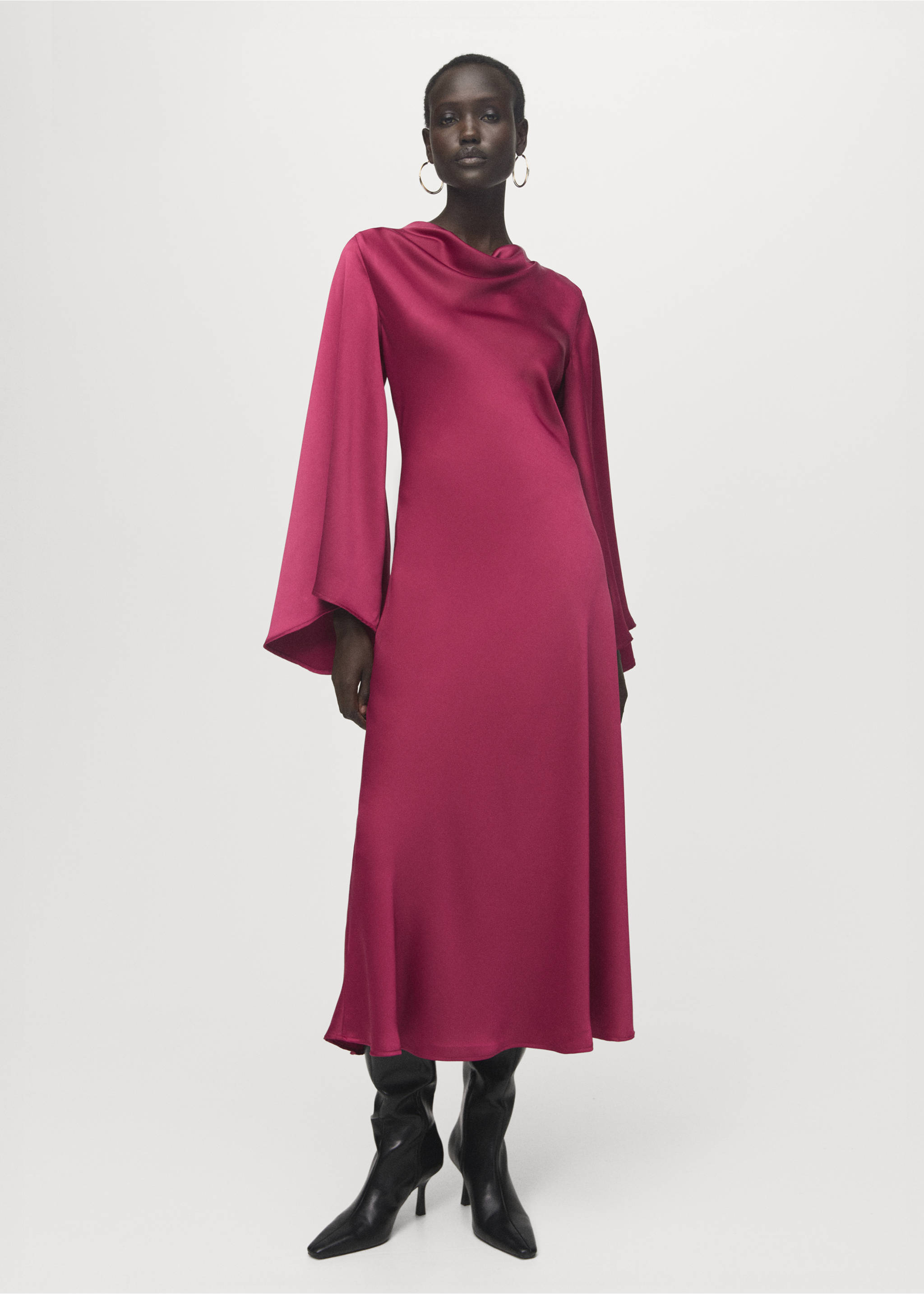 Flared-sleeve satin dress - General plane, Fuchsia. Ref: 17036004-00.