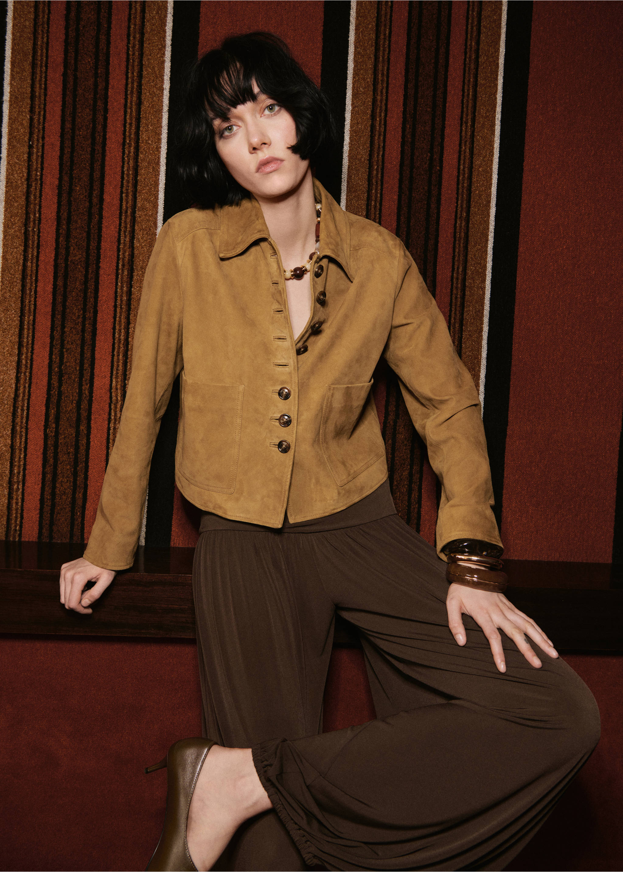 Suede jacket with buttons - Details of the article 1, Ochre. Ref: 17036346-00.