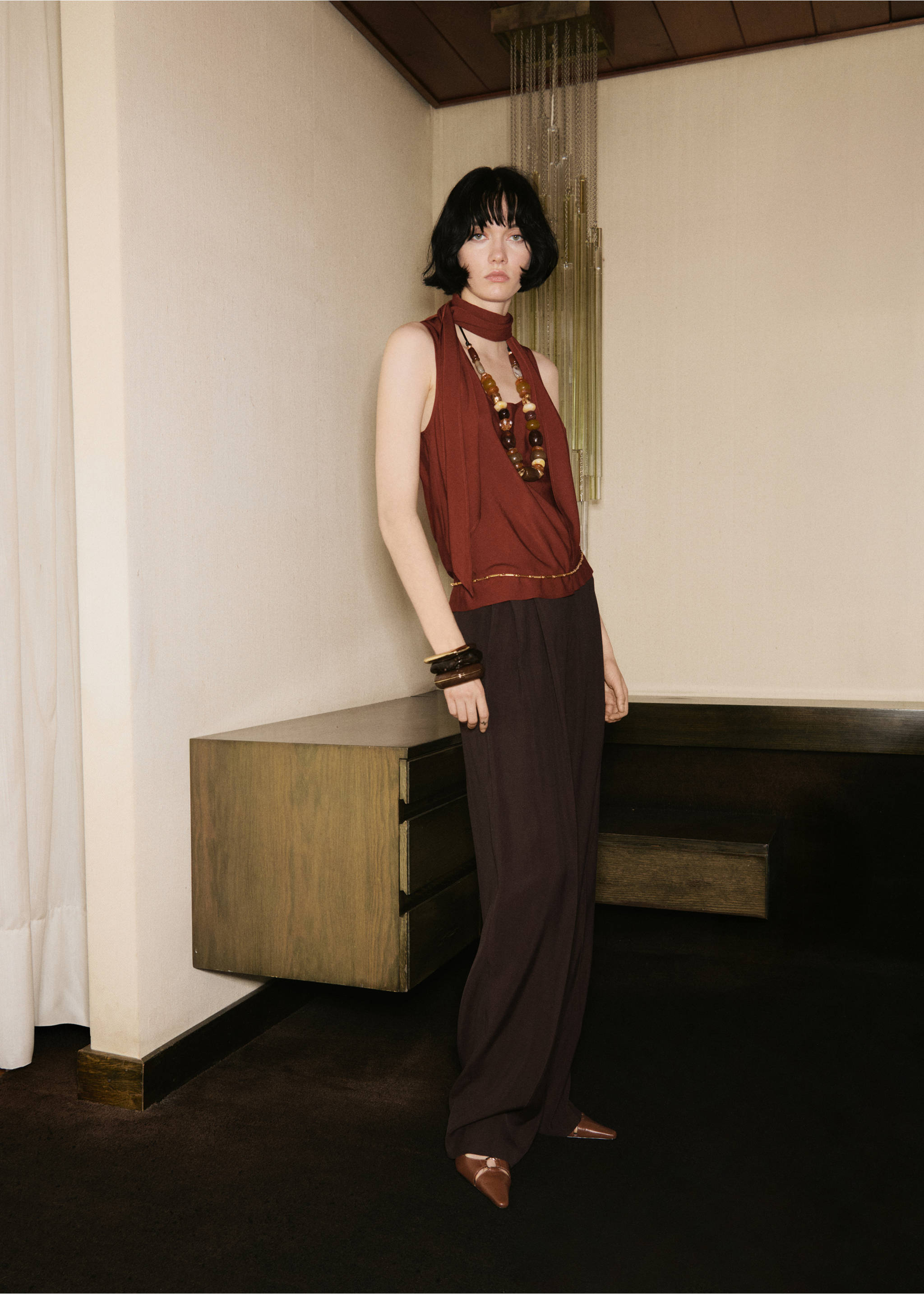 Blouse with foulard neckline - General plane, Russet. Ref: 17036740-00.