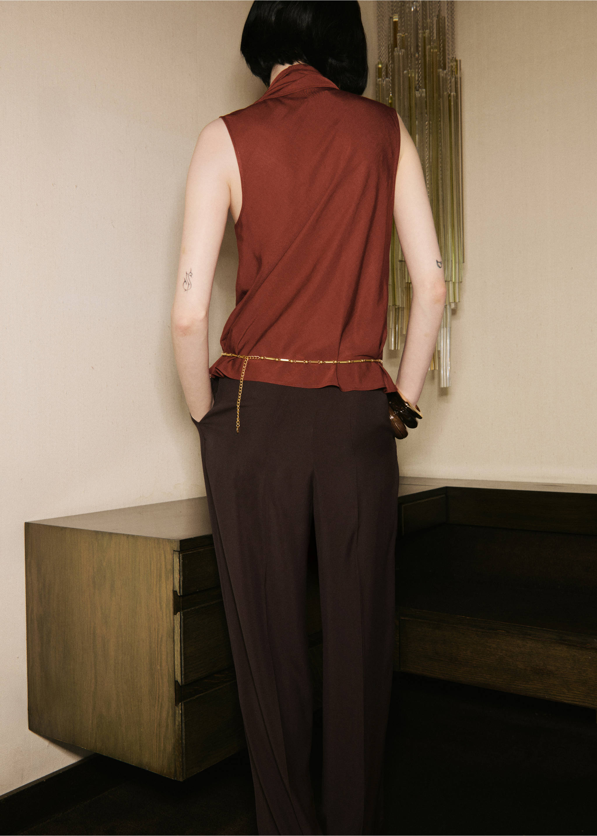 Blouse with foulard neckline - Reverse of the article, Russet. Ref: 17036740-00.