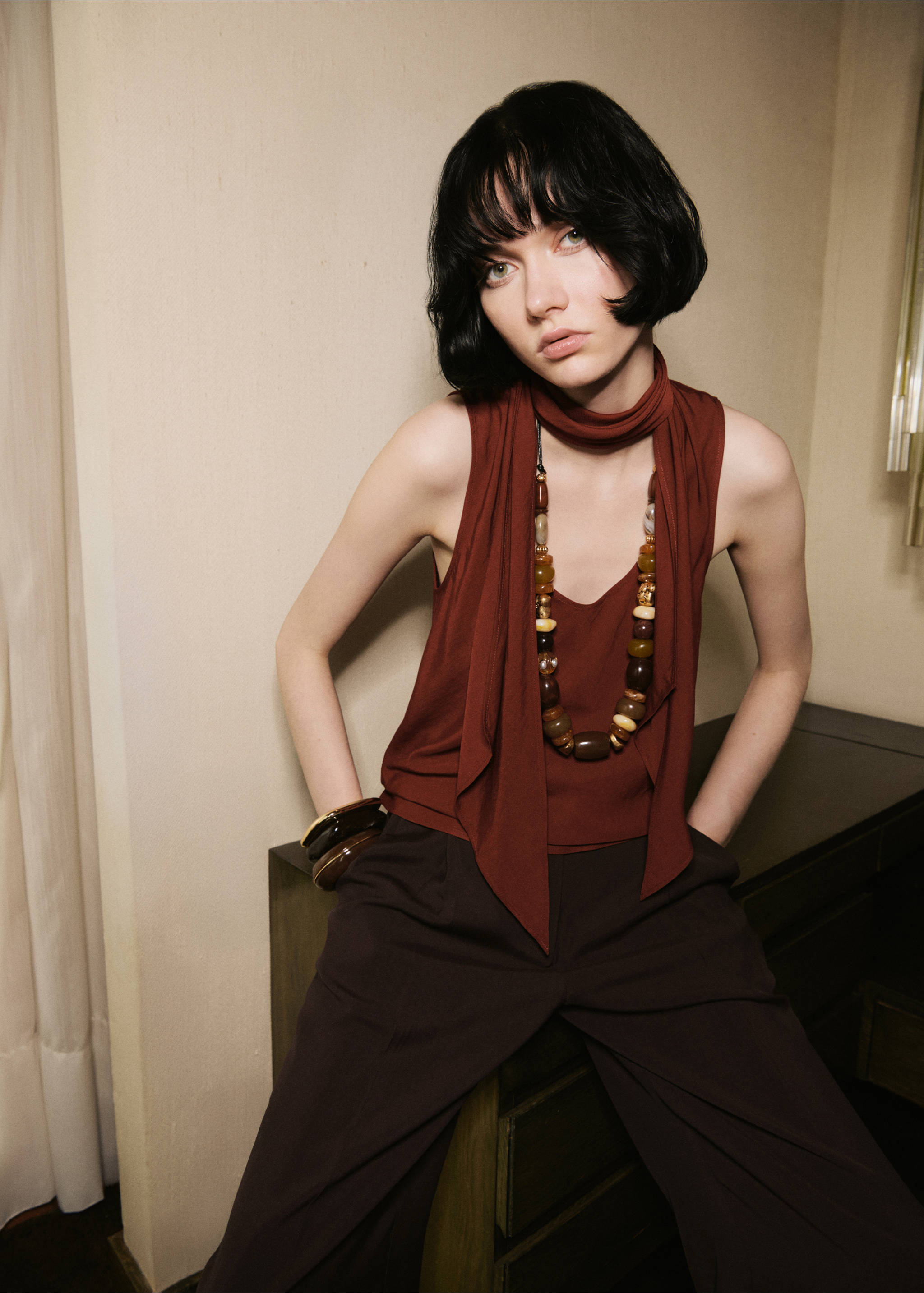Blouse with foulard neckline - Details of the article 1, Russet. Ref: 17036740-00.