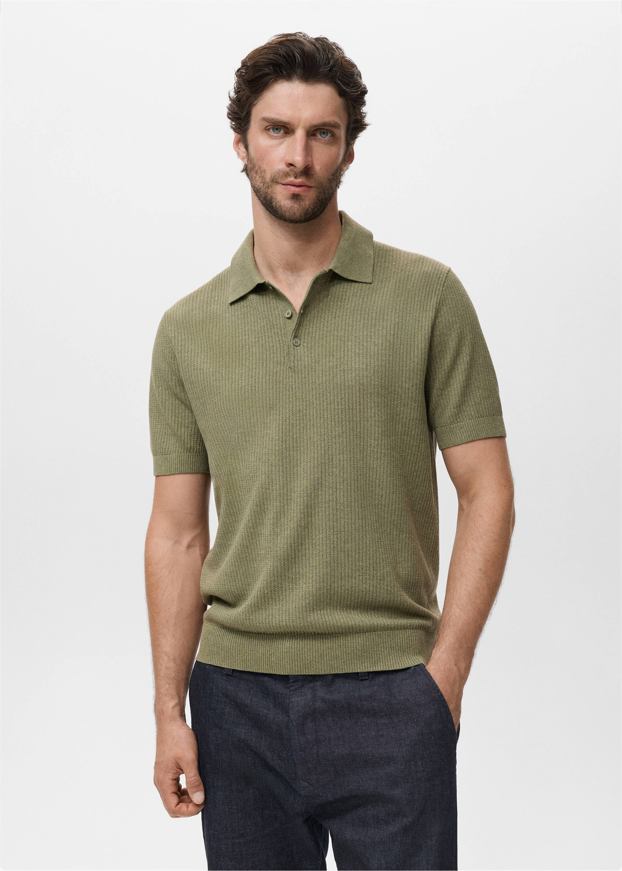 Ribbed knit polo shirt - Medium plane, Dark Green. Ref: 17037763-00.
