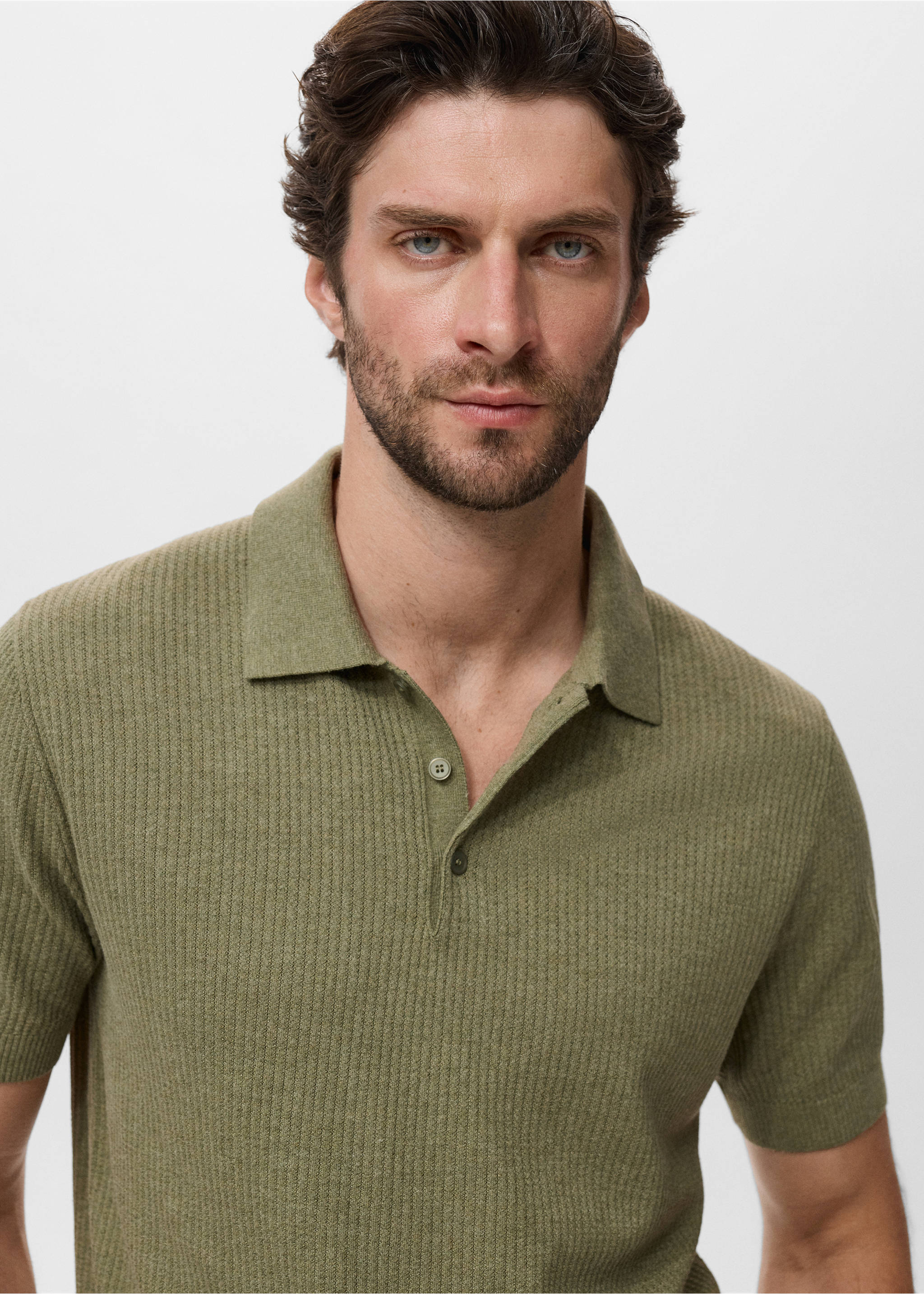 Ribbed knit polo shirt - Details of the article 1, Dark Green. Ref: 17037763-00.