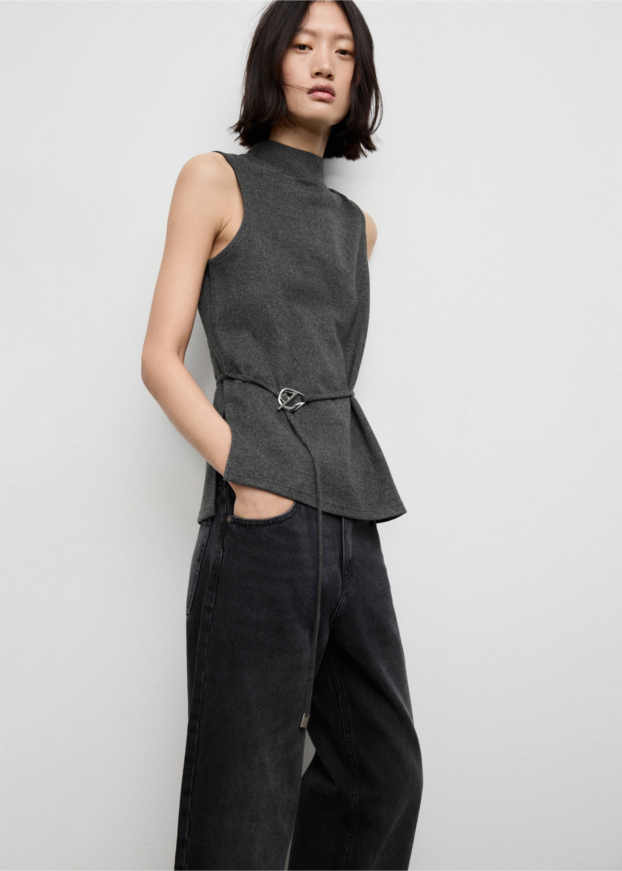 Turtleneck top with belt - Medium plane, Medium Heather Grey. Ref: 17037803-00.