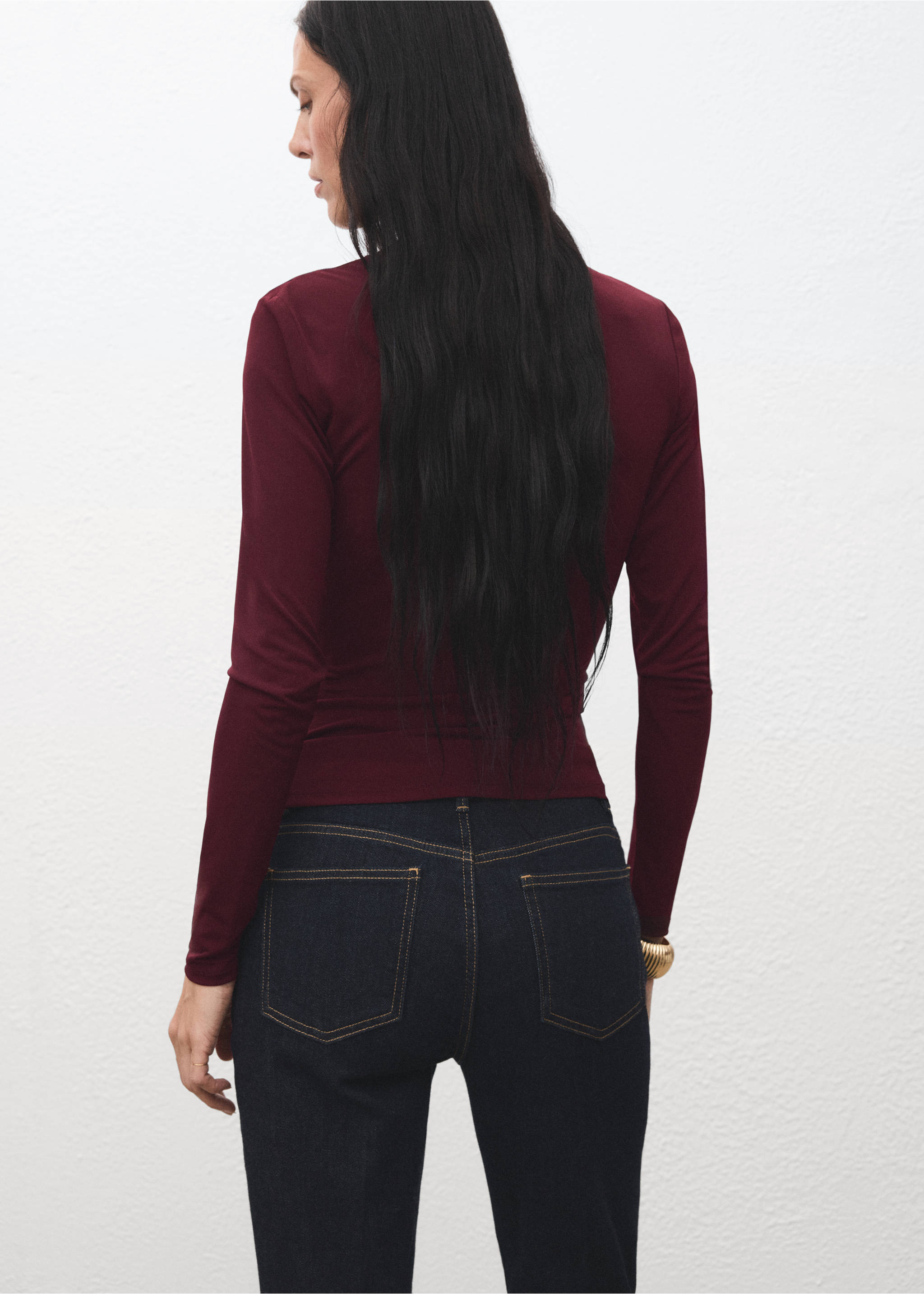 Draped fitted t-shirt - Reverse of the article, Burgundy. Ref: 17037818-00.