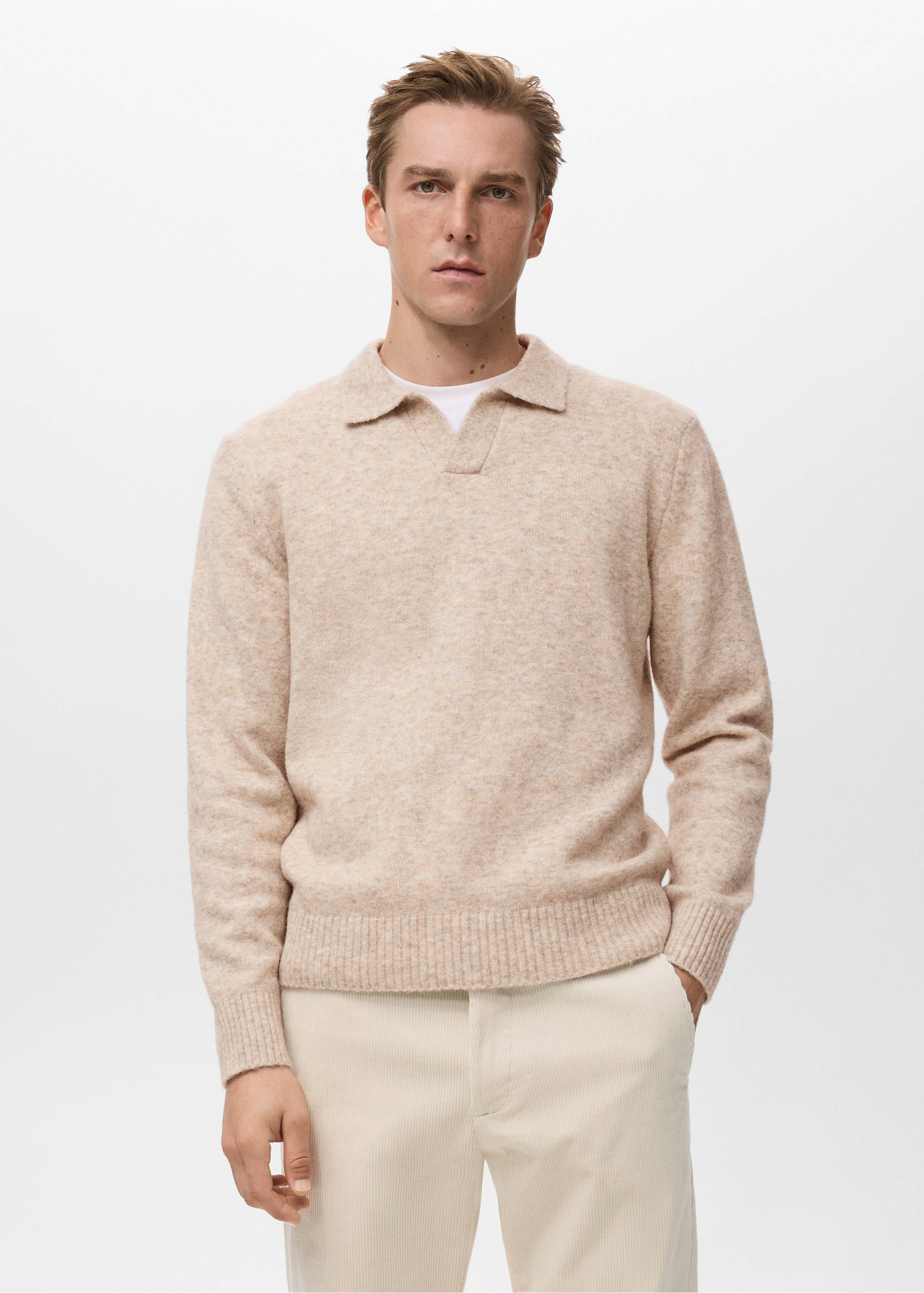 Polo-Stricksweatshirt aus Wollgemisch - Mittlere Ansicht, Sandfarben. Ref: 17037897-00.