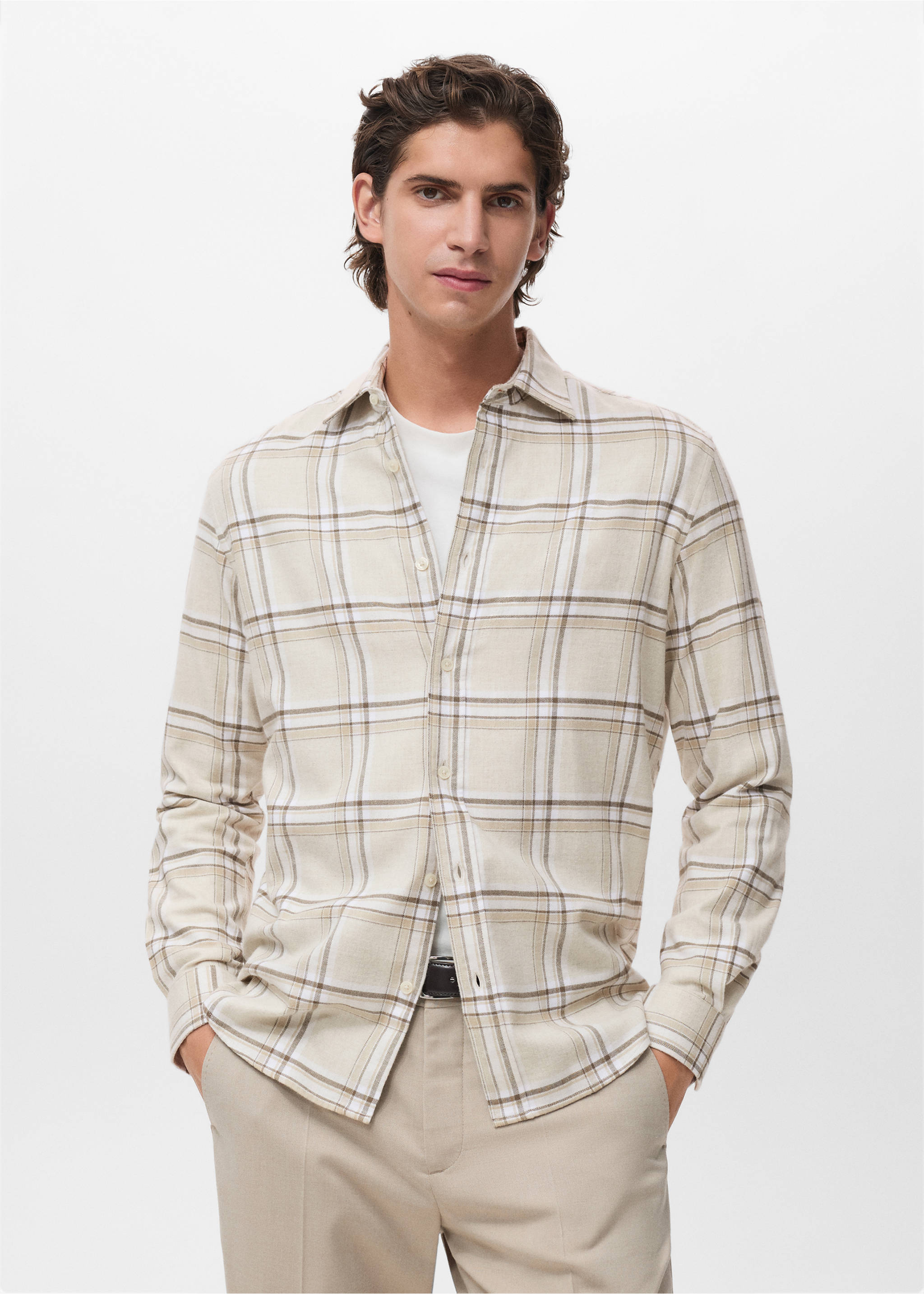 100% cotton flannel checkered shirt - Medium plane, Ecru. Ref: 17037900-00.