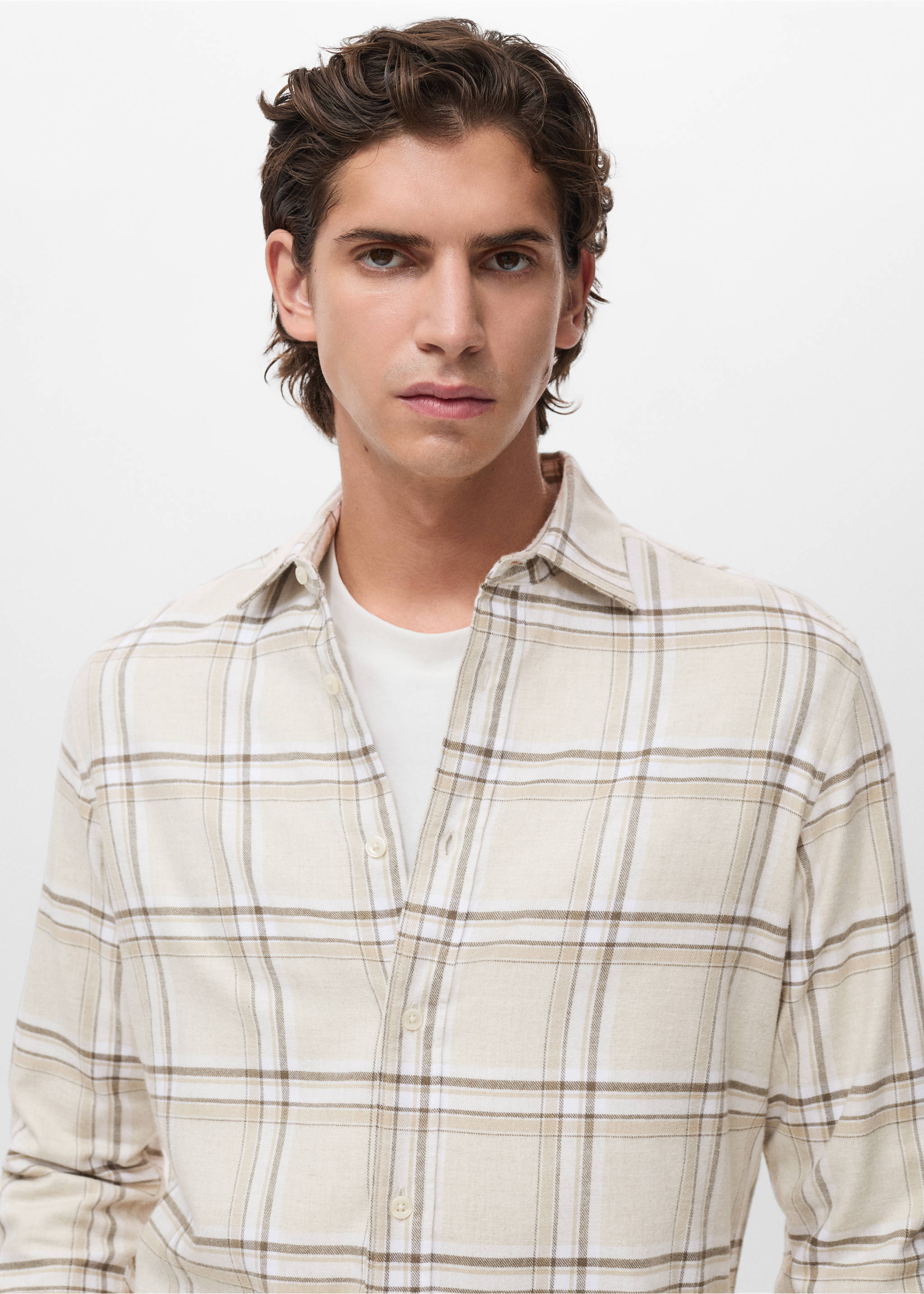 100% cotton flannel checkered shirt - Details of the article 1, Ecru. Ref: 17037900-00.