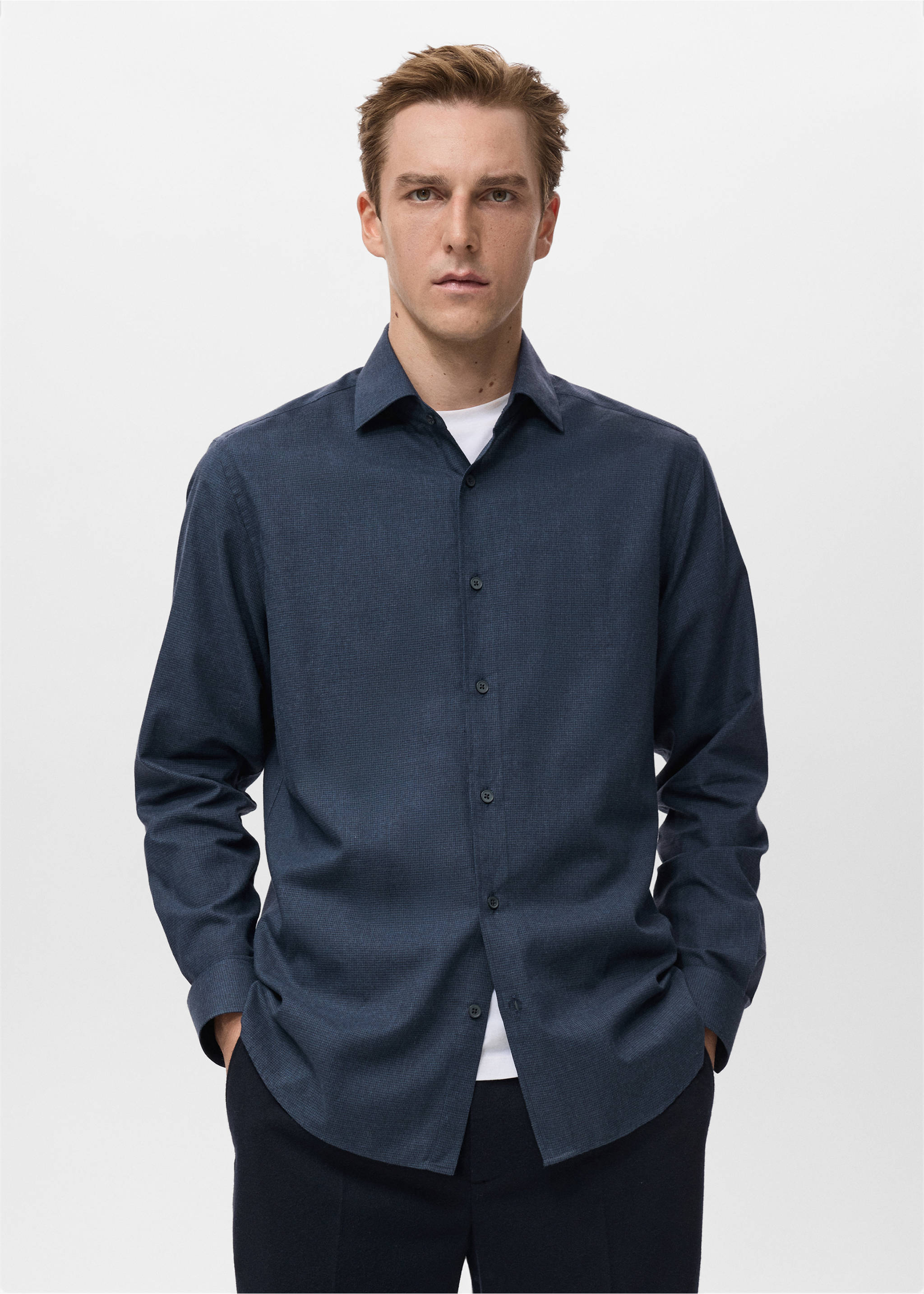 100% cotton flannel regular-fit shirt - Medium plane, Navy. Ref: 17037908-00.