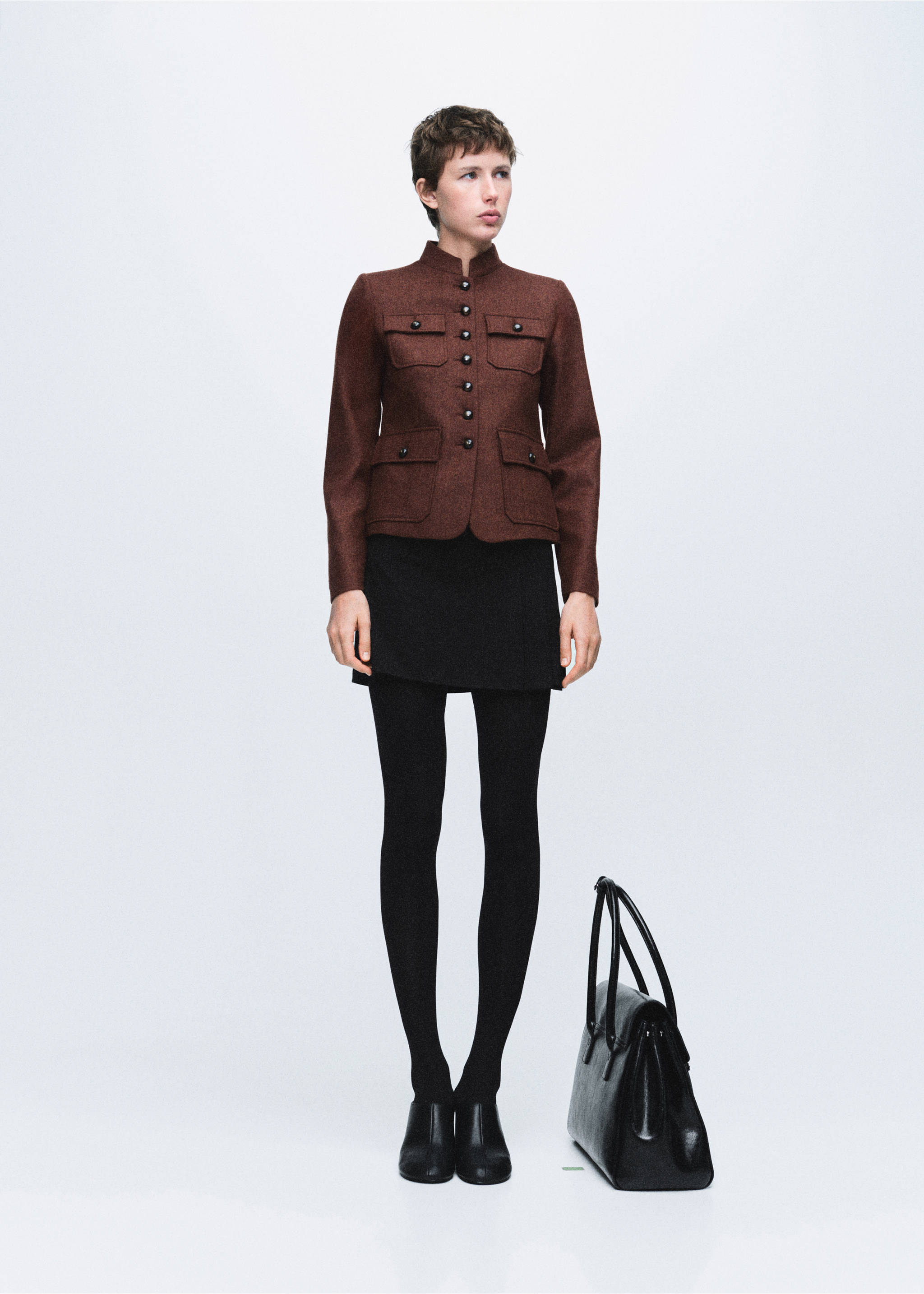 Wool jacket with band collar and pockets - General plane, Tobacco Brown. Ref: 17037912-00.