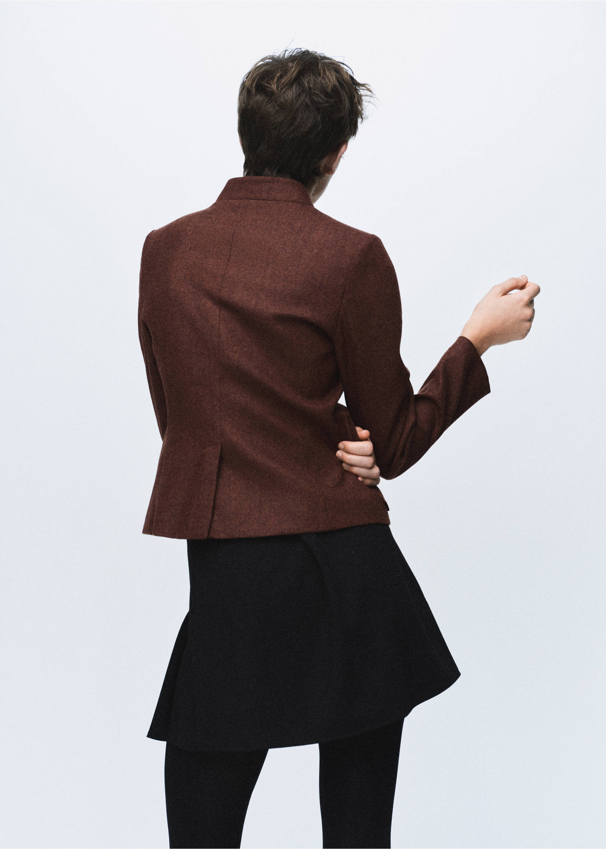 Wool jacket with band collar and pockets - Reverse of the article, Tobacco Brown. Ref: 17037912-00.